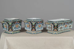 19th Century French Desvres Jardinière and Cachepot Set of 3