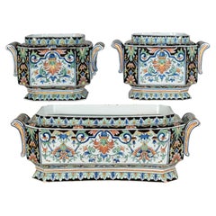 19th Century French Desvres Jardinière and Cachepot Set of 3