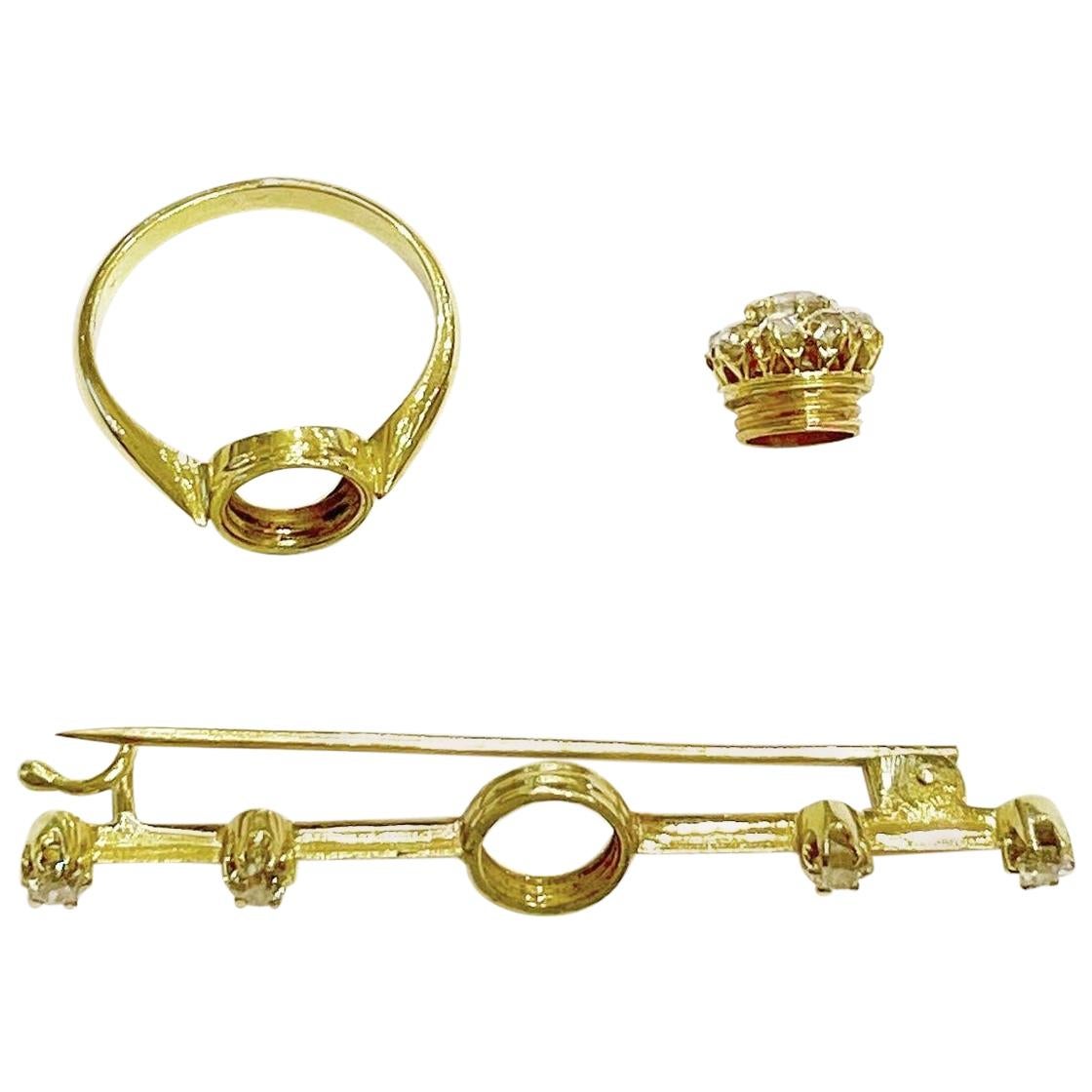 19th Century French Diamond 18K Yellow Gold Removable Set, Ring and Brooch 