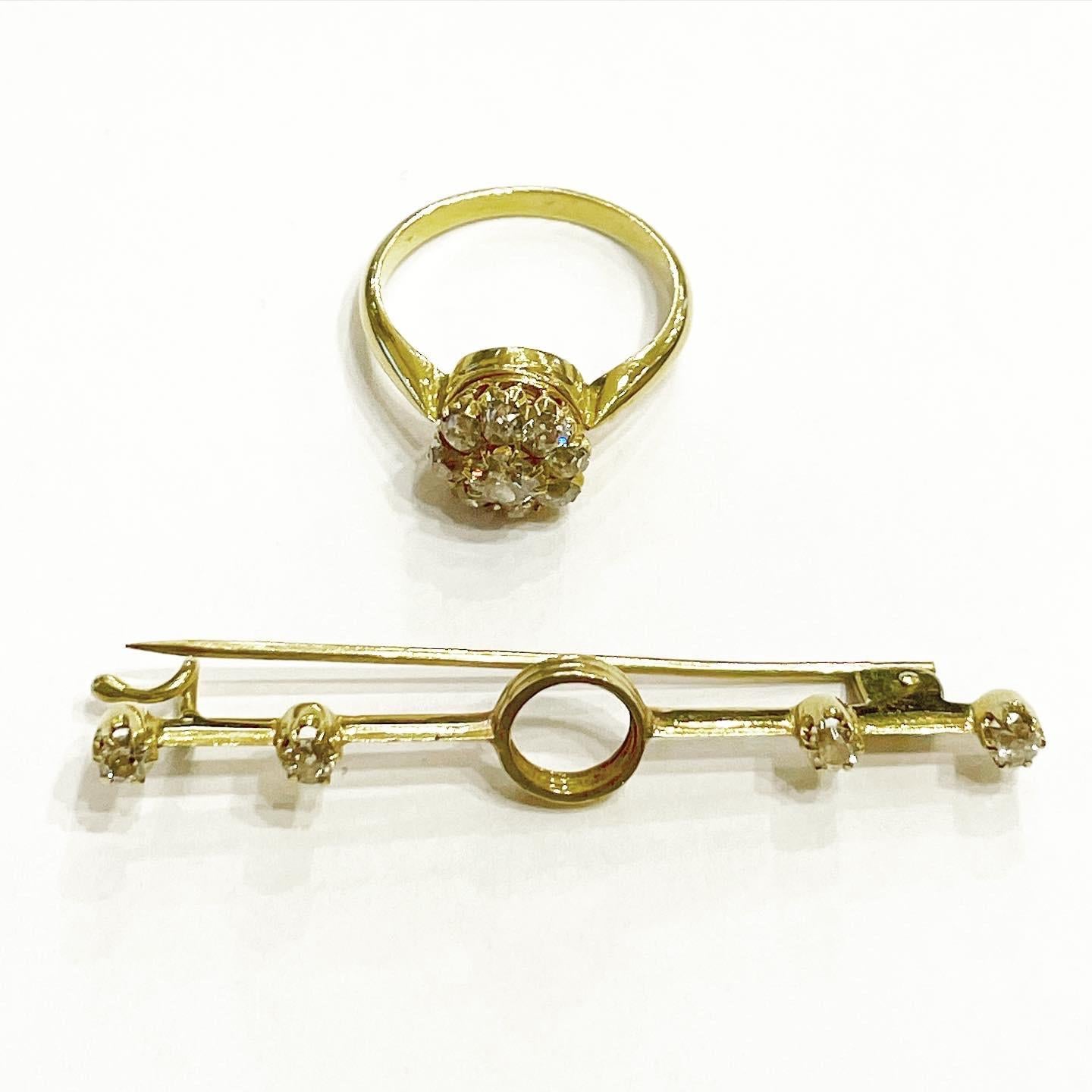 Victorian 19th Century French Diamond 18K Yellow Gold Removable Set, Ring and Brooch 