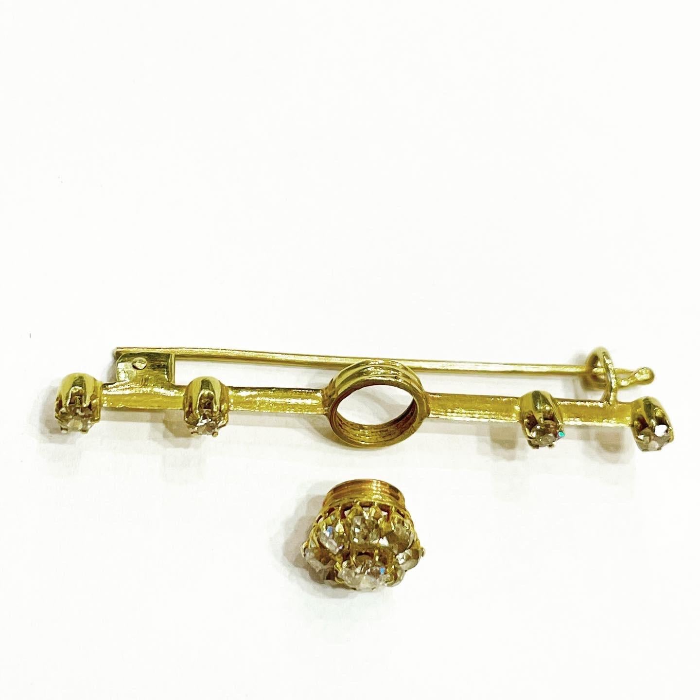 Old European Cut 19th Century French Diamond 18K Yellow Gold Removable Set, Ring and Brooch 