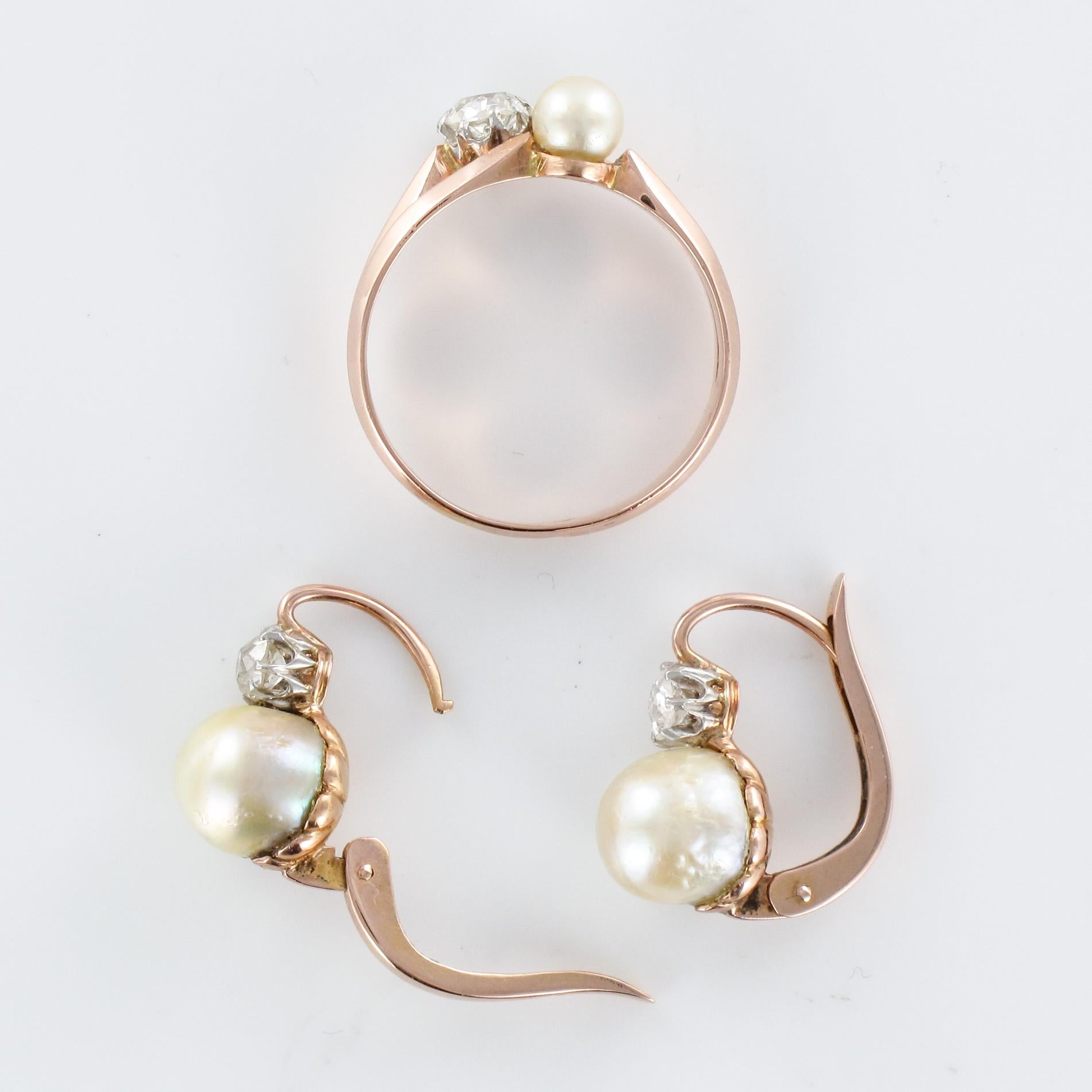 19th Century French Diamond Natural Pearl Earrings and Ring Set For Sale 10