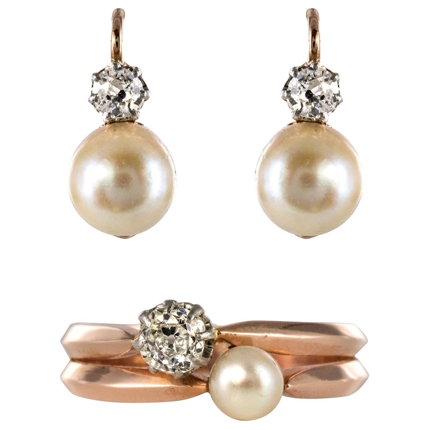 19th Century French Diamond Natural Pearl Earrings and Ring Set For Sale