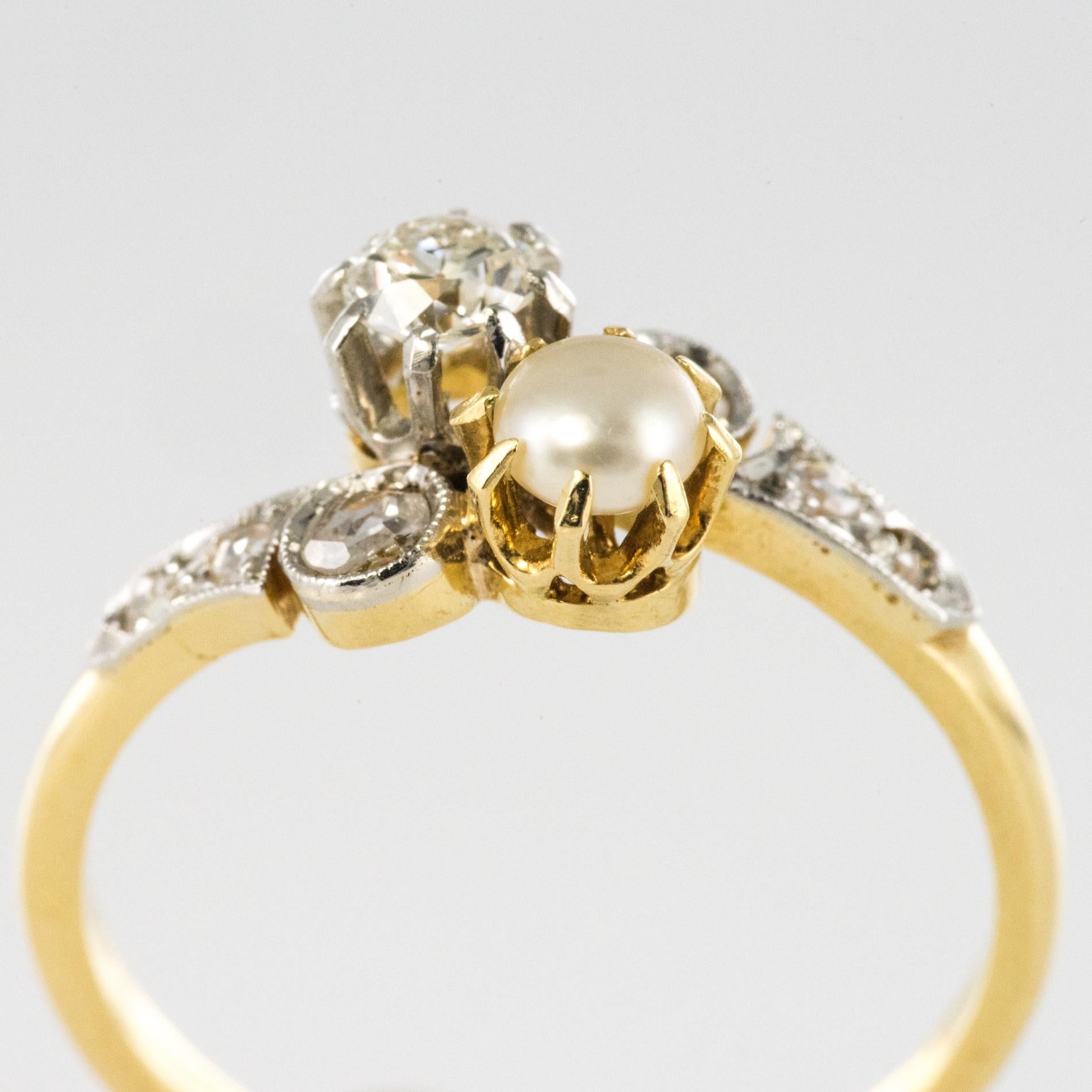 19th Century French Diamond Natural Pearl You and Me Engagement Ring In Good Condition In Poitiers, FR