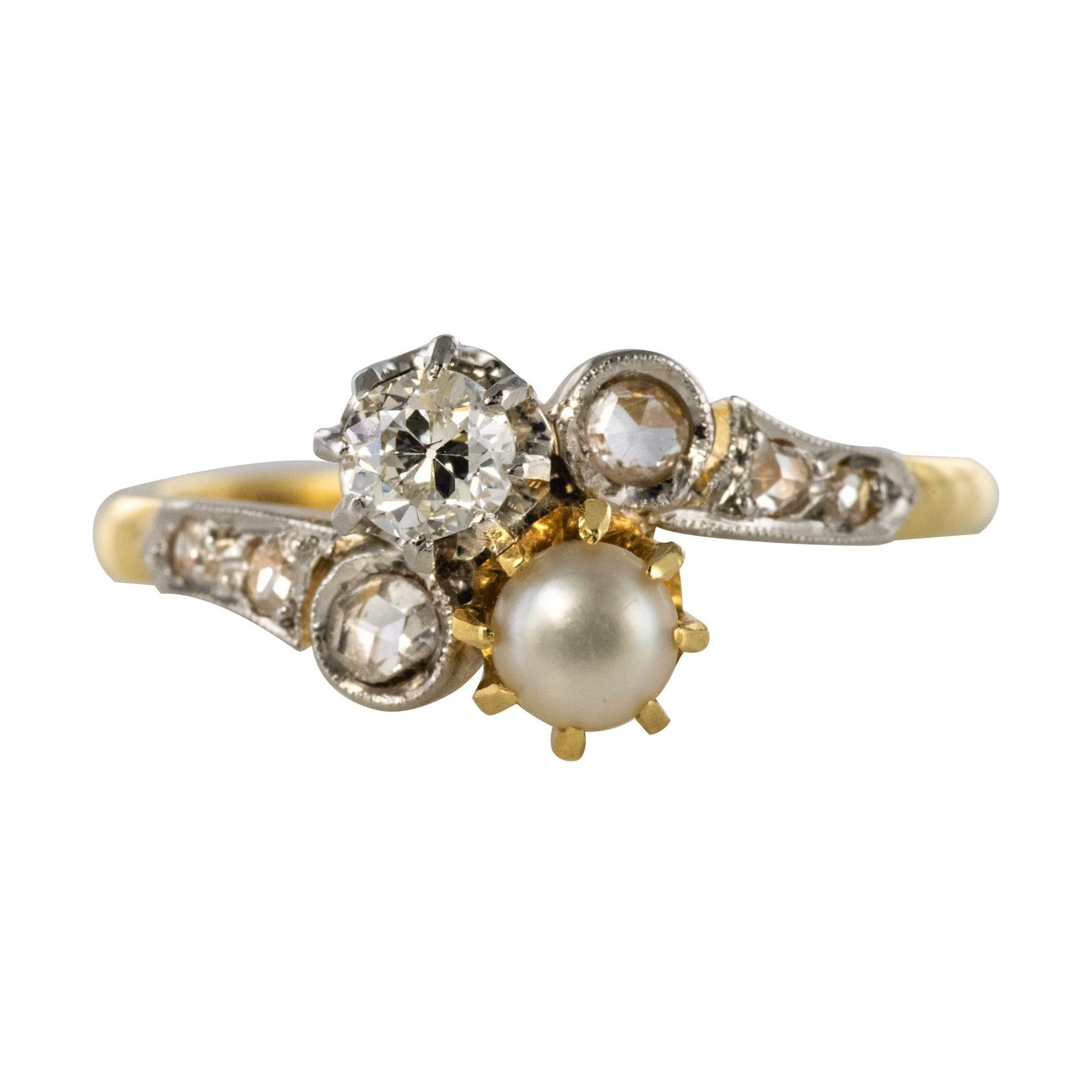 19th Century French Diamond Natural Pearl You and Me Engagement Ring