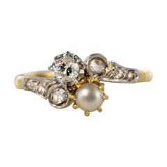 Antique 19th Century French Diamond Natural Pearl You and Me Engagement Ring