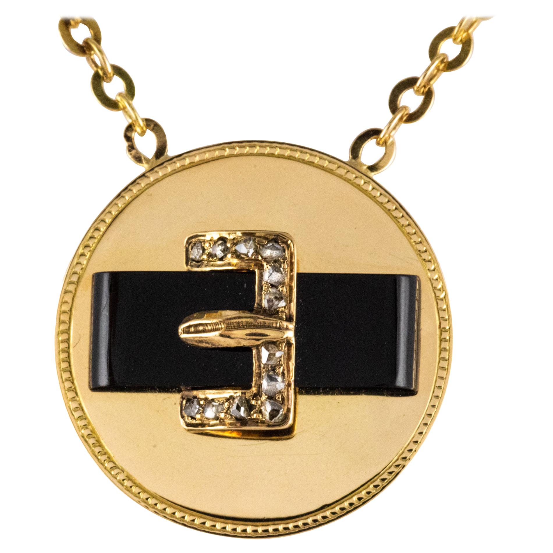 19th Century French Diamond Onyx 18 Karat Yellow Gold Belt Pendant Necklace