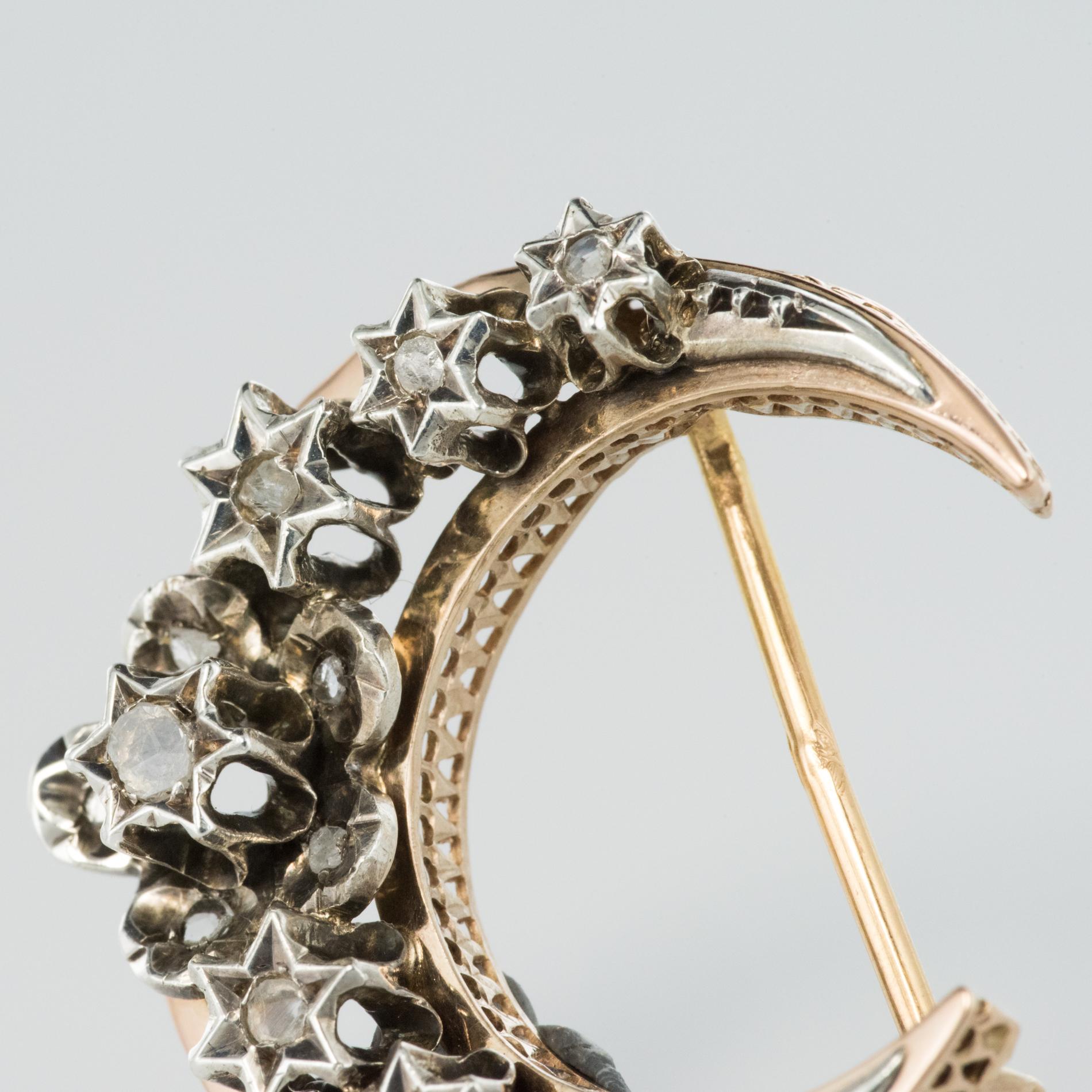 19th Century French Diamond Rose Gold Crescent Moon Brooch 6