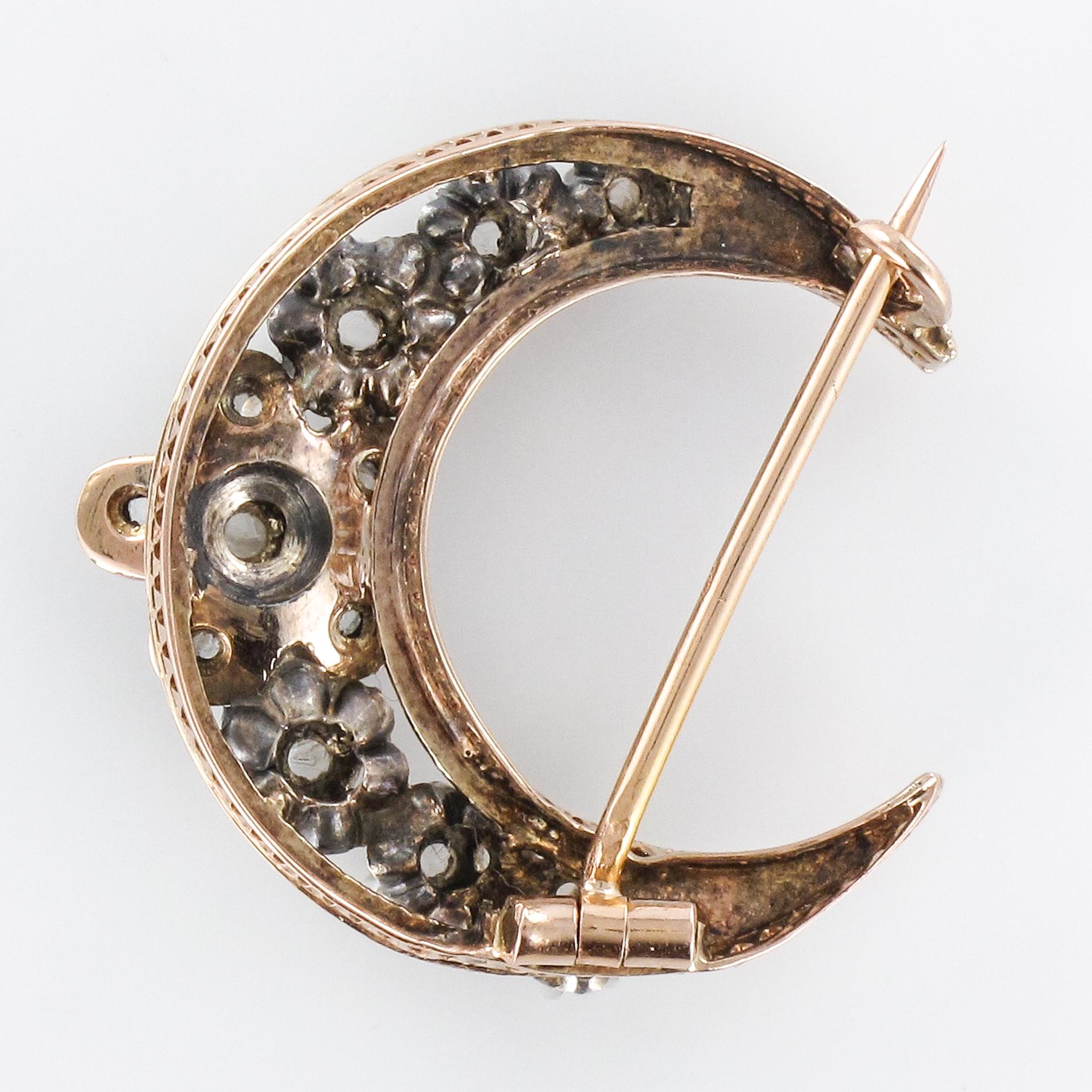 19th Century French Diamond Rose Gold Crescent Moon Brooch 9
