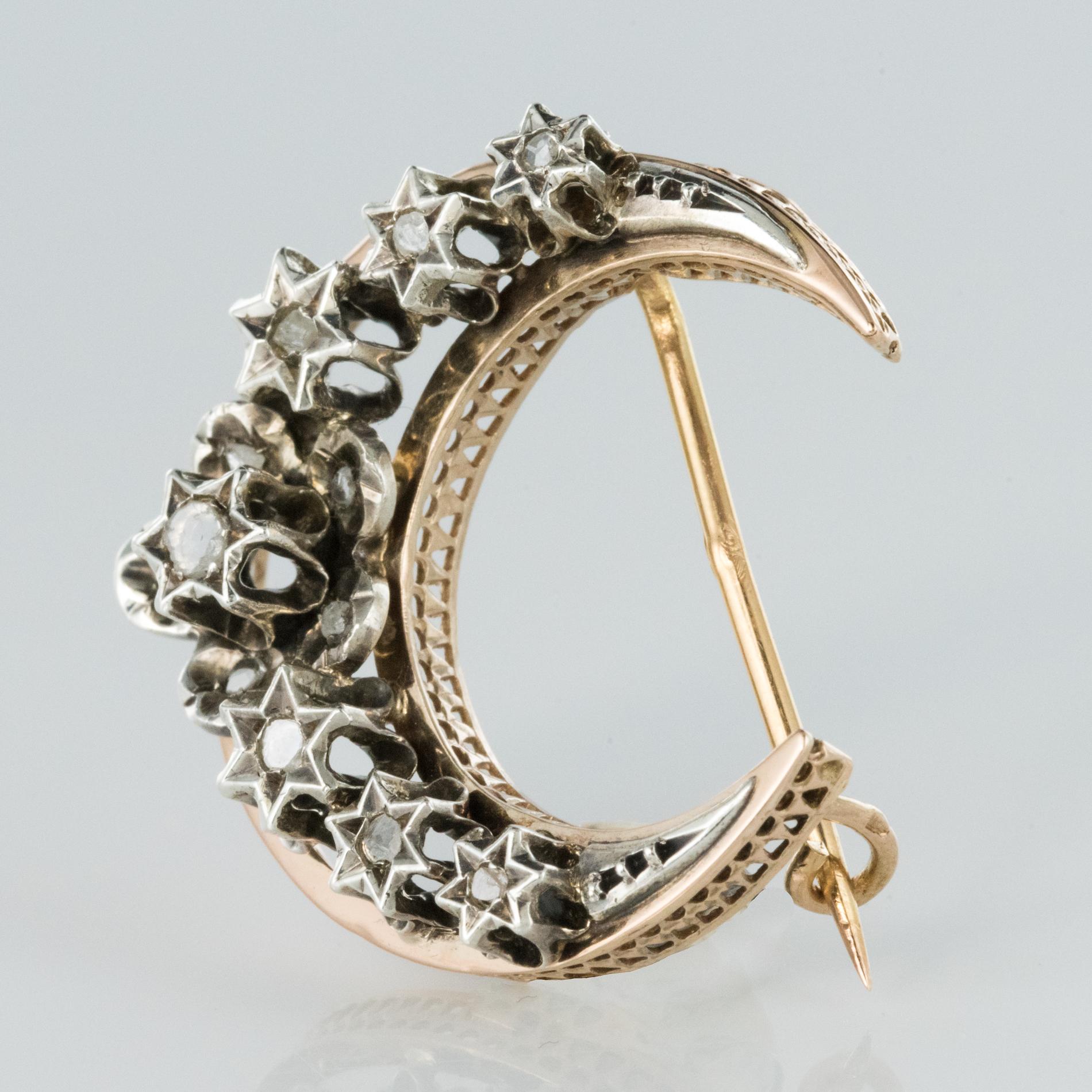 Women's 19th Century French Diamond Rose Gold Crescent Moon Brooch