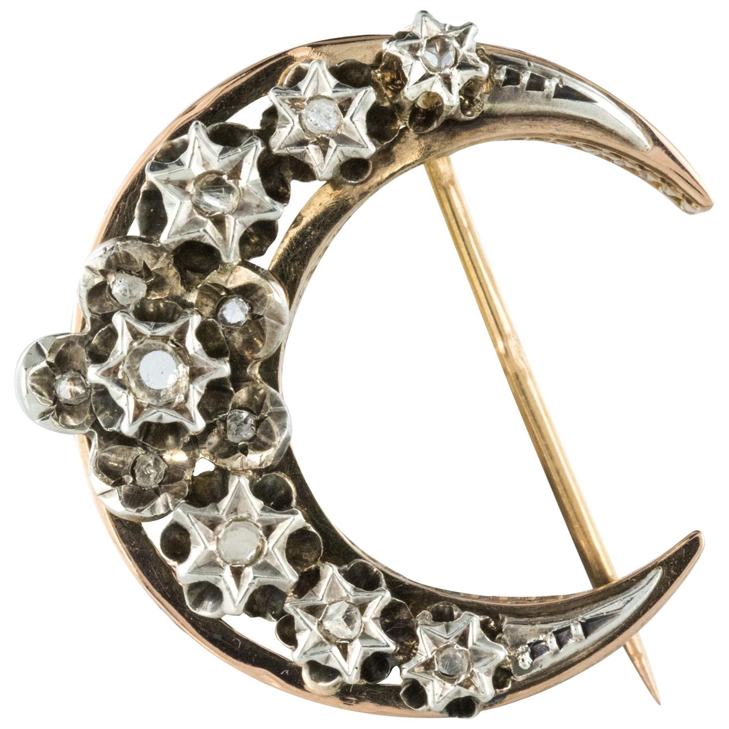 19th Century French Diamond Rose Gold Crescent Moon Brooch