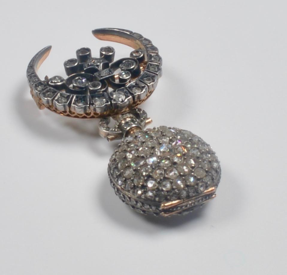 Victorien tardif Montre et broche du mouvement suisse du XIXe siècle en diamants avec épingle en vente