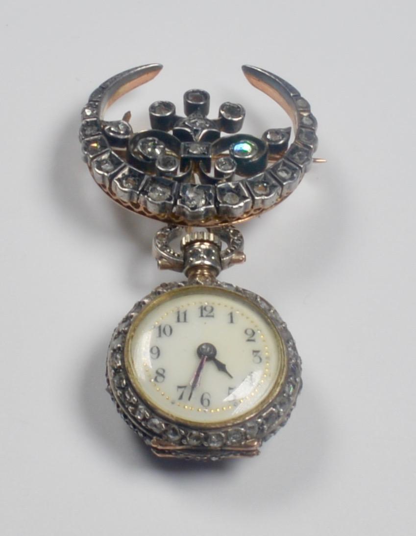 Montre et broche du mouvement suisse du XIXe siècle en diamants avec épingle Unisexe en vente