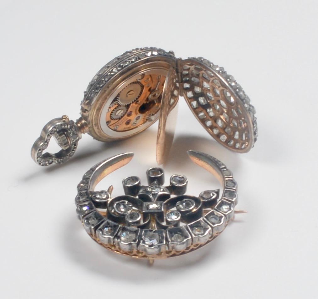 Orologio e spilla con movimento svizzero con diamanti del XIX secolo In condizioni buone in vendita a CA, CA