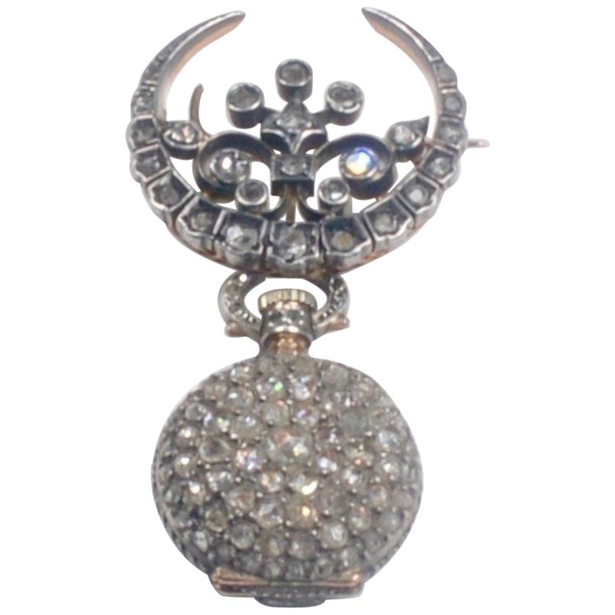 19th Century French Diamond Swiss Movement Watch and Brooch Pin For Sale