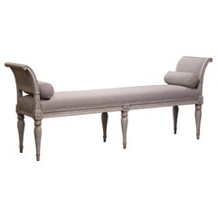 19th Century French Directoire Carved and Painted Upholstered Six-Leg Banquette