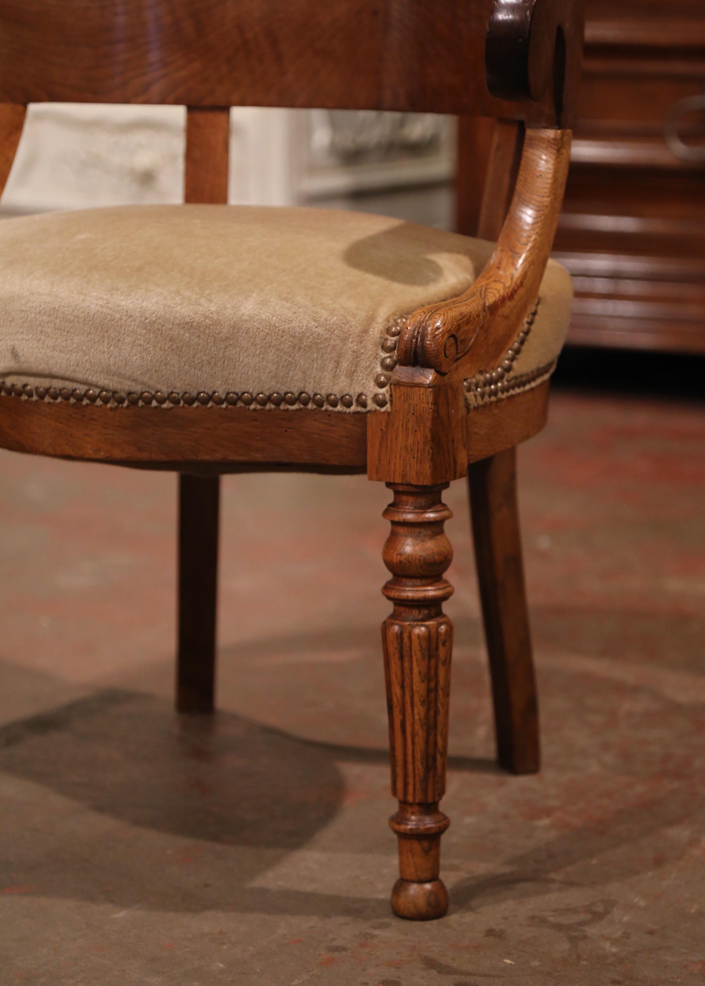 Patinated 19th Century French Directoire Carved Chestnut Desk Armchair with Beige Velvet