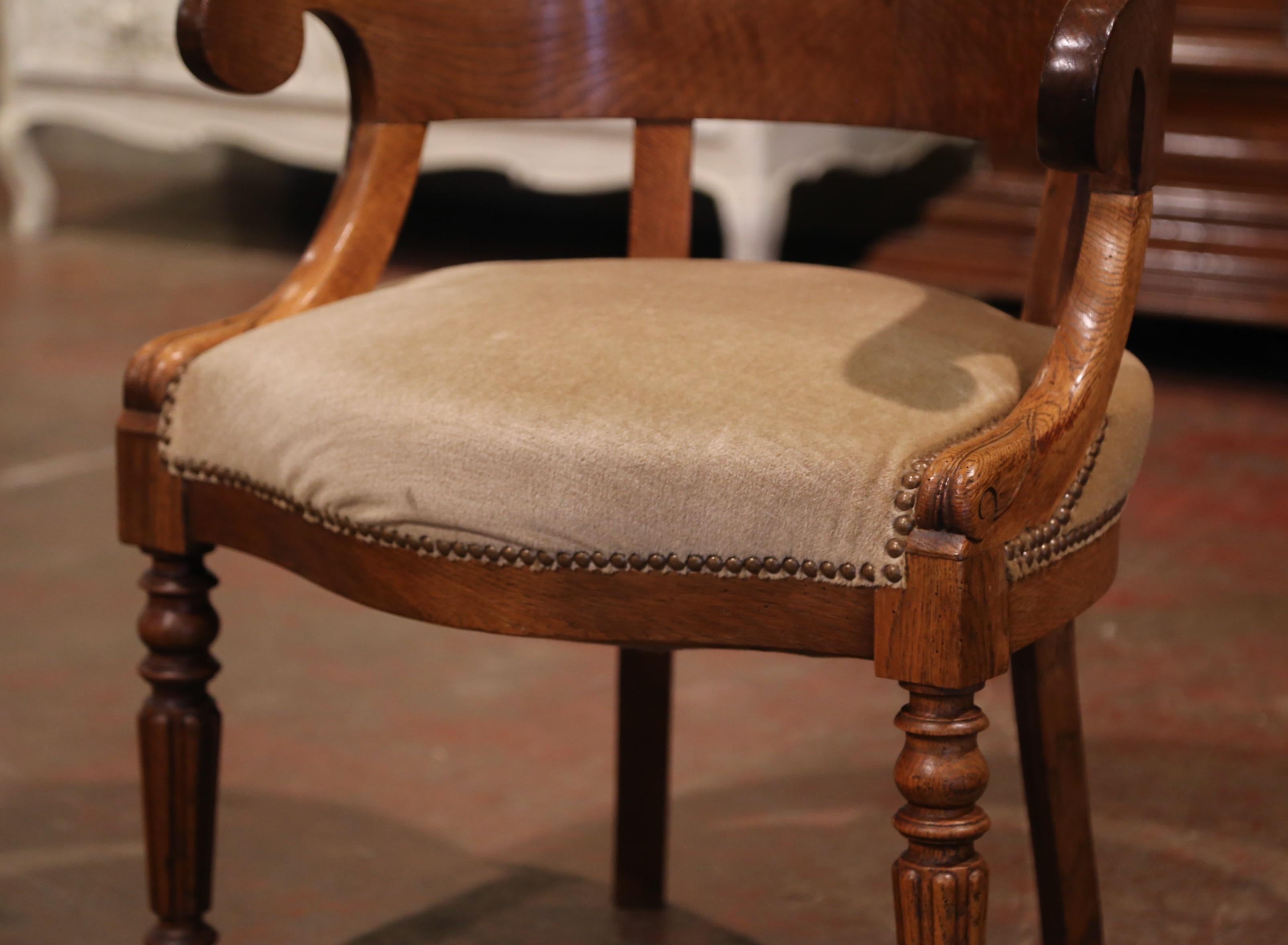 19th Century French Directoire Carved Chestnut Desk Armchair with Beige Velvet In Excellent Condition In Dallas, TX
