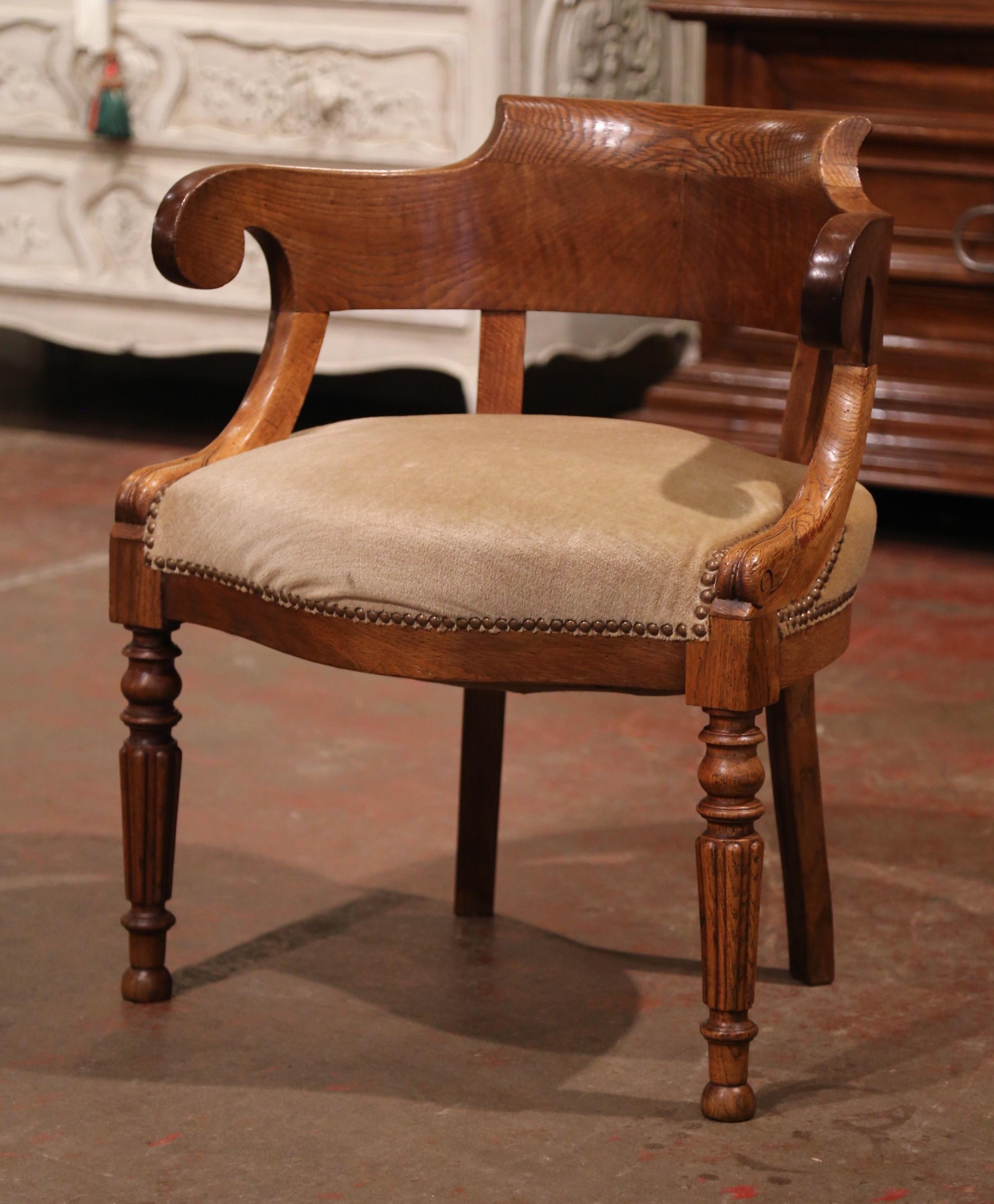 Oak 19th Century French Directoire Carved Chestnut Desk Armchair with Beige Velvet