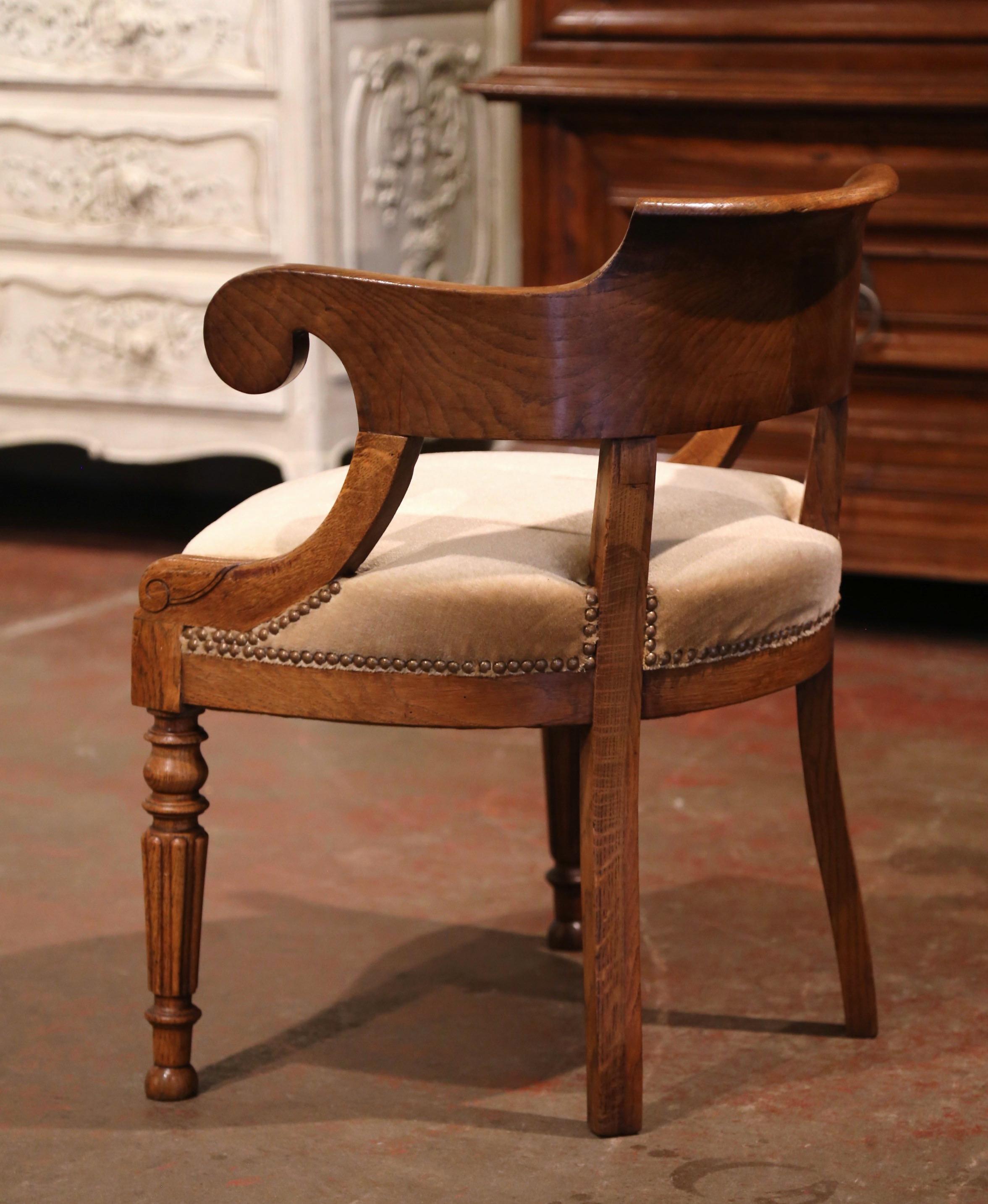 19th Century French Directoire Carved Chestnut Desk Armchair with Beige Velvet 1