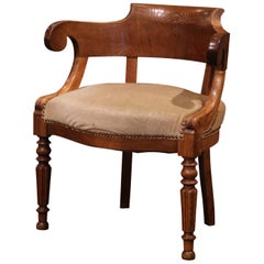 fauteuil de bureau Directoire en châtaignier sculpté du 19ème siècle avec velours beige