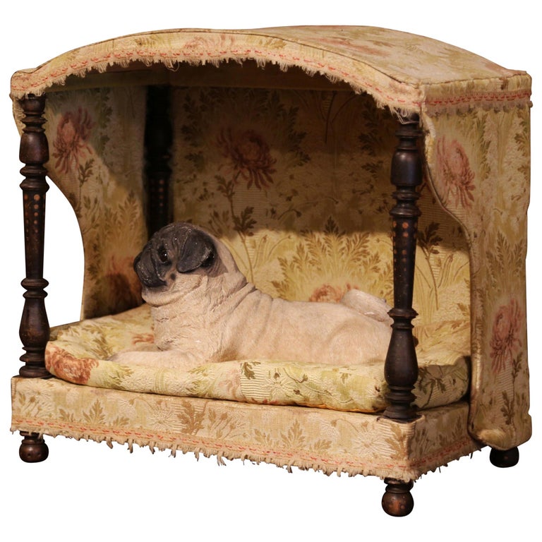 19th Century French Directoire Carved Oak Four Post Dog House And 19th Century French Directoire Carved Oak Four Post Dog House And Vintage Fabric For