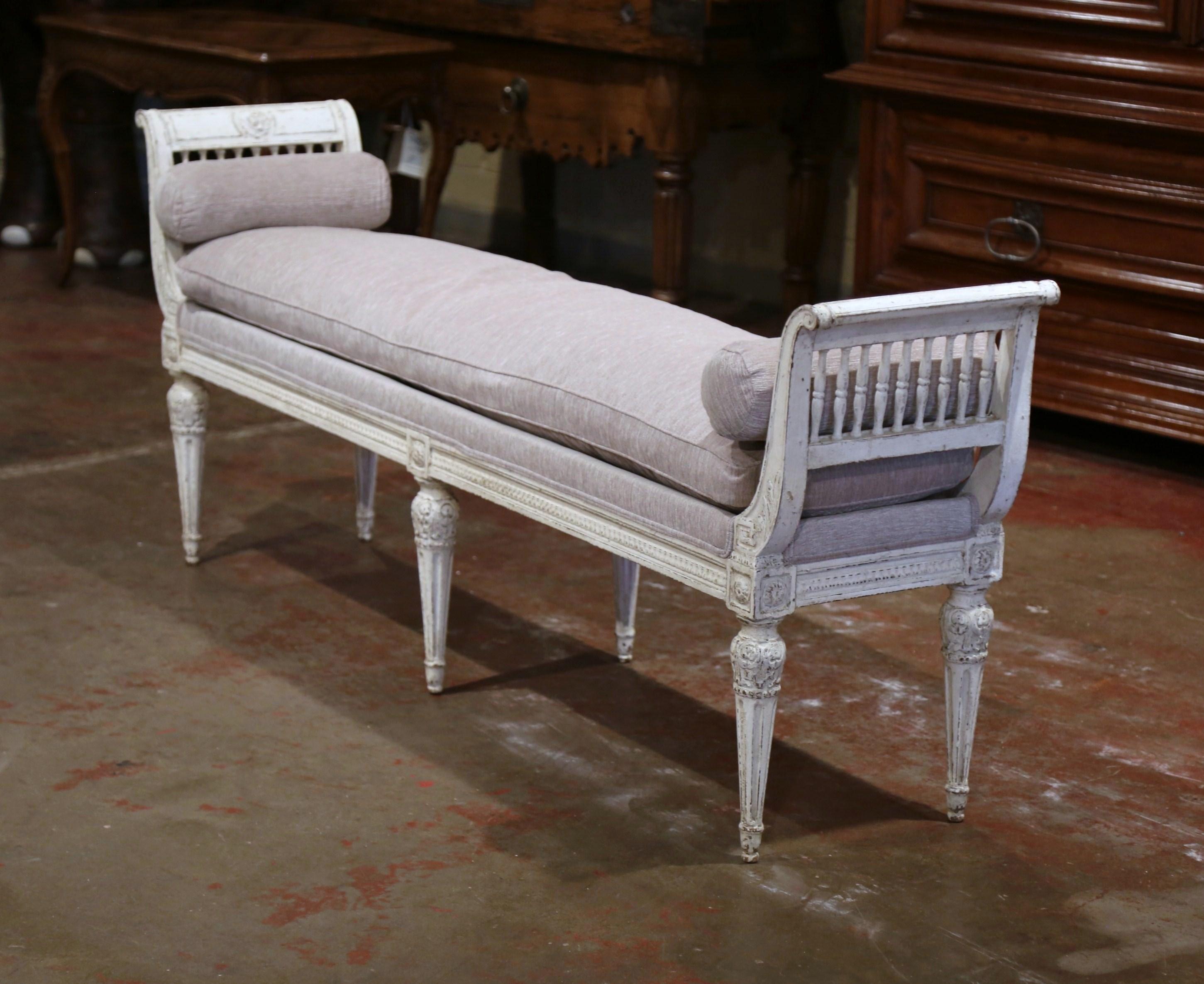 19th Century French Directoire Carved Painted Banquette with Back and Upholstery 5