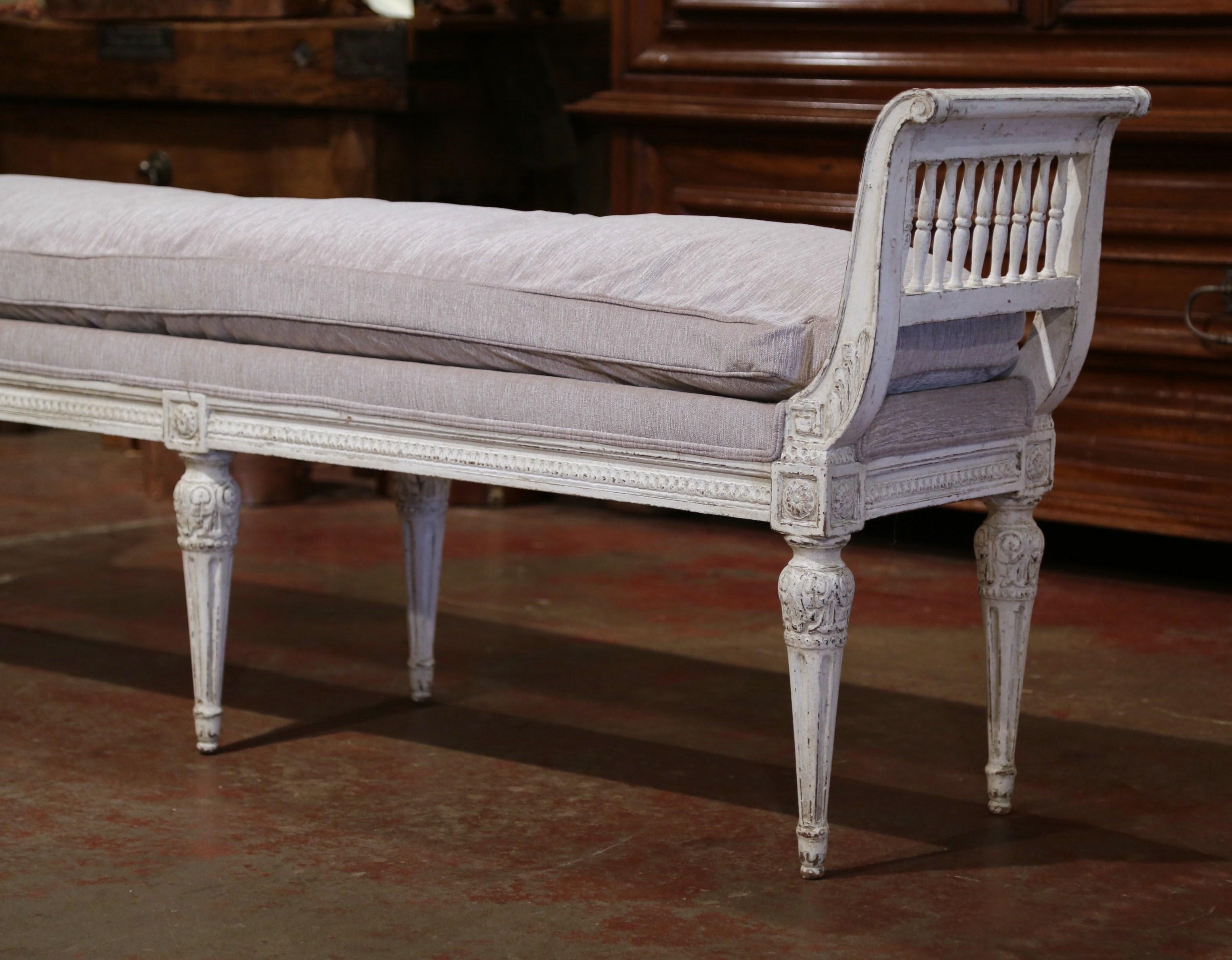 Hand-Carved 19th Century French Directoire Carved Painted Banquette with Back and Upholstery
