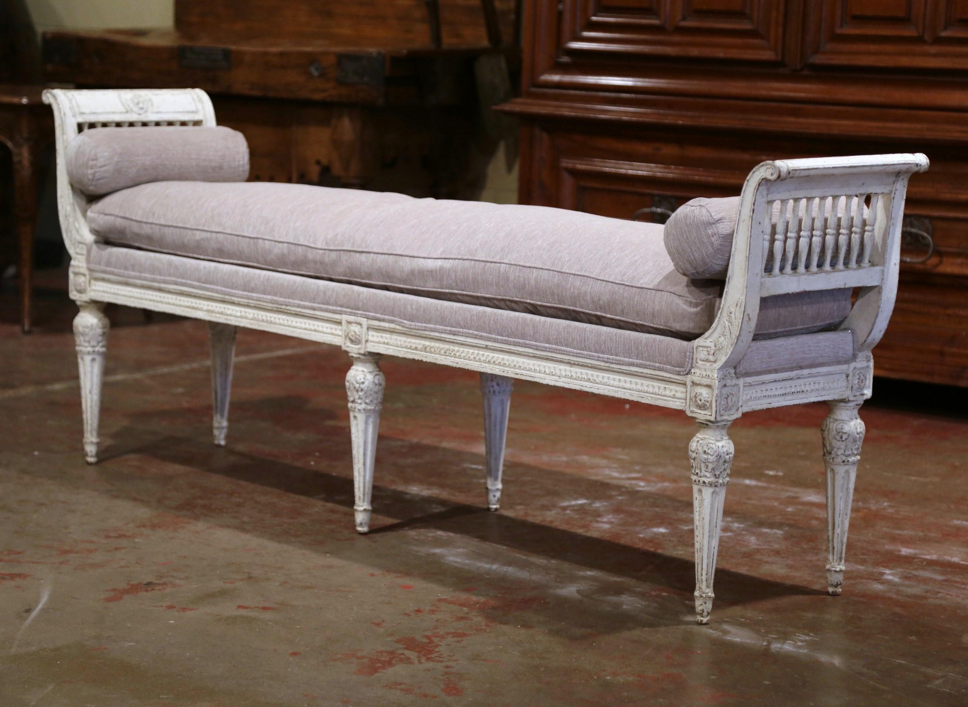 Beech 19th Century French Directoire Carved Painted Banquette with Back and Upholstery