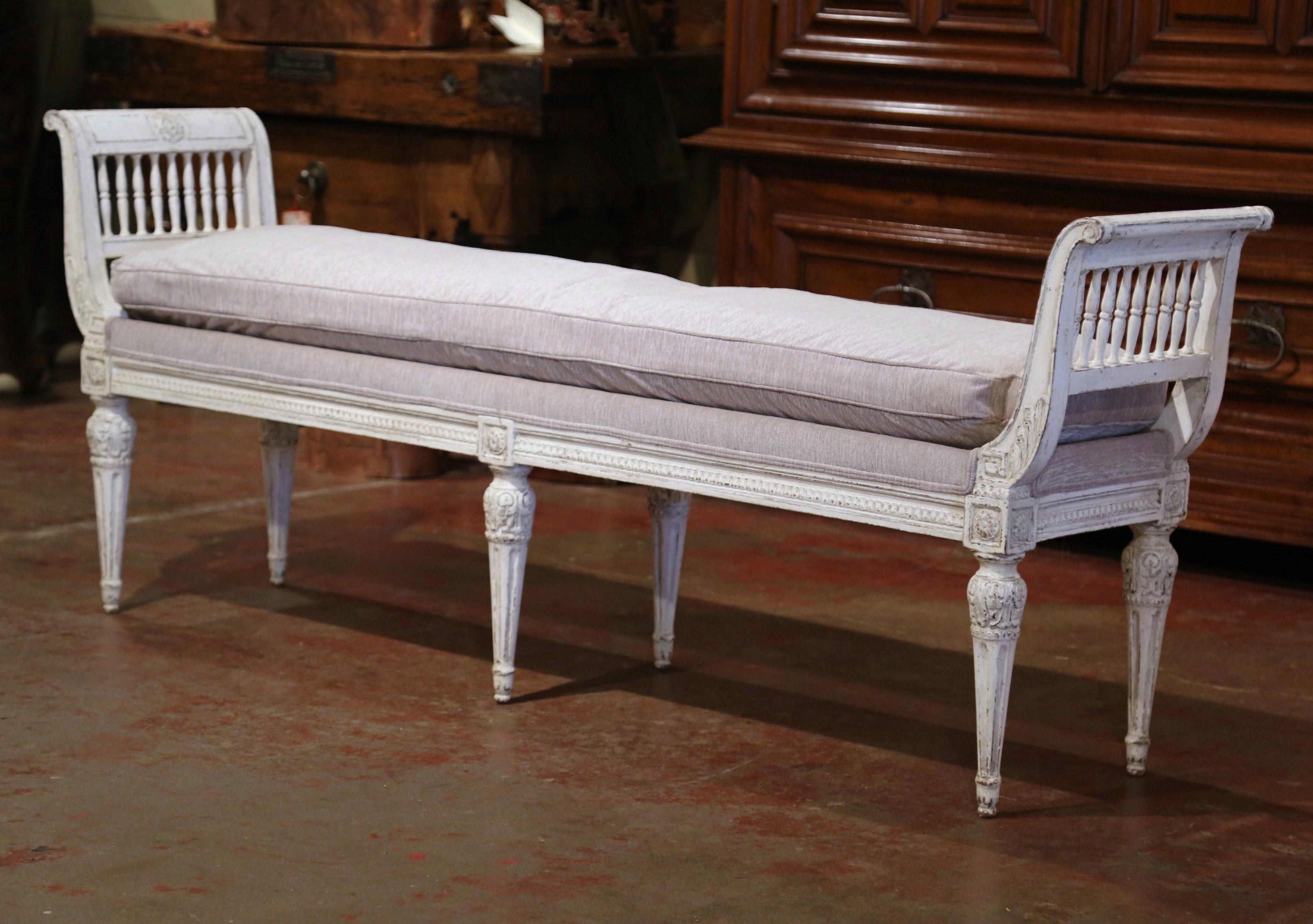 19th Century French Directoire Carved Painted Banquette with Back and Upholstery 2