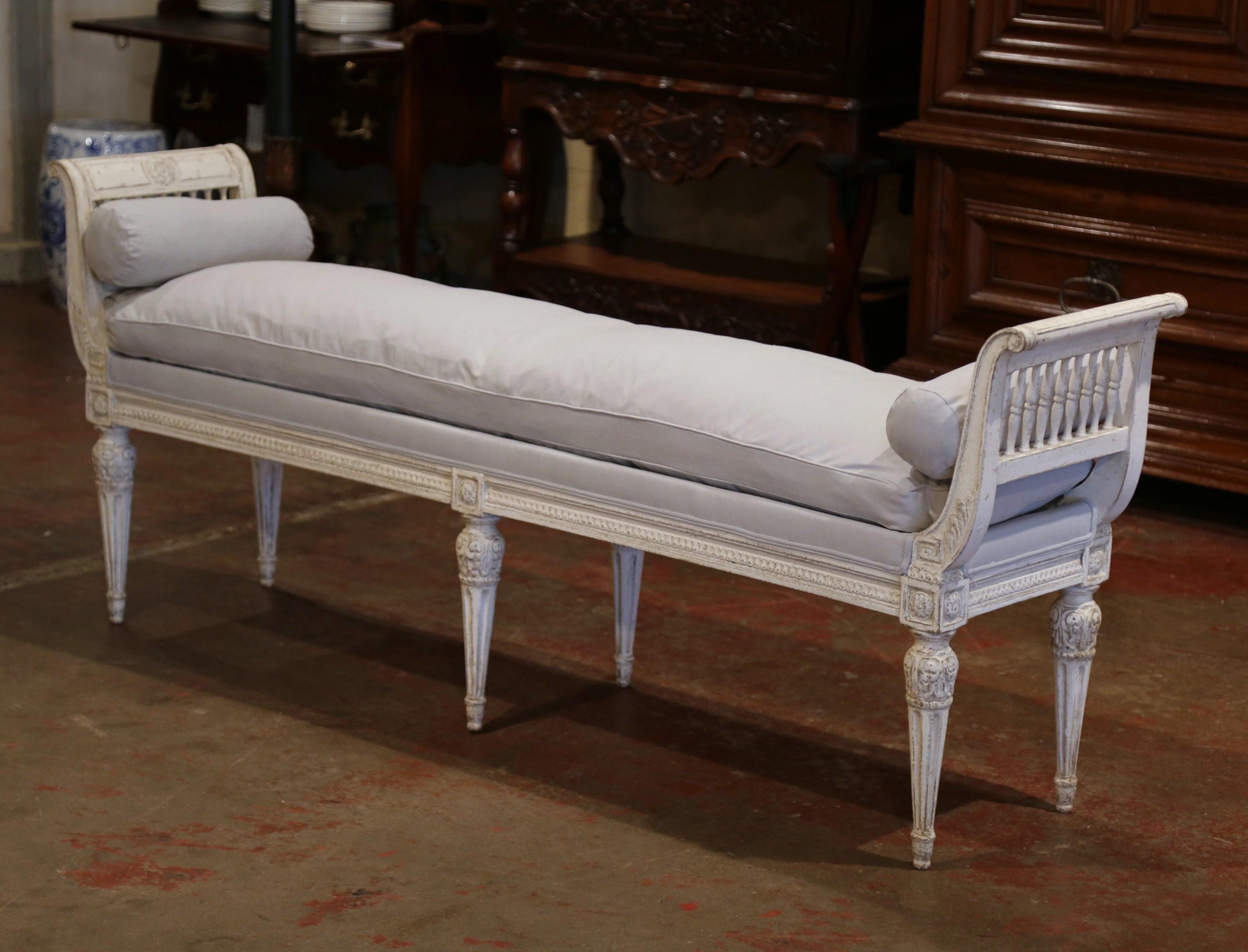 19th Century French Directoire Carved Painted Upholstered Banquette