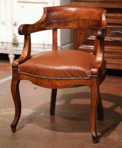 19th Century French Directoire Carved Walnut Desk Armchair with Beige Leather