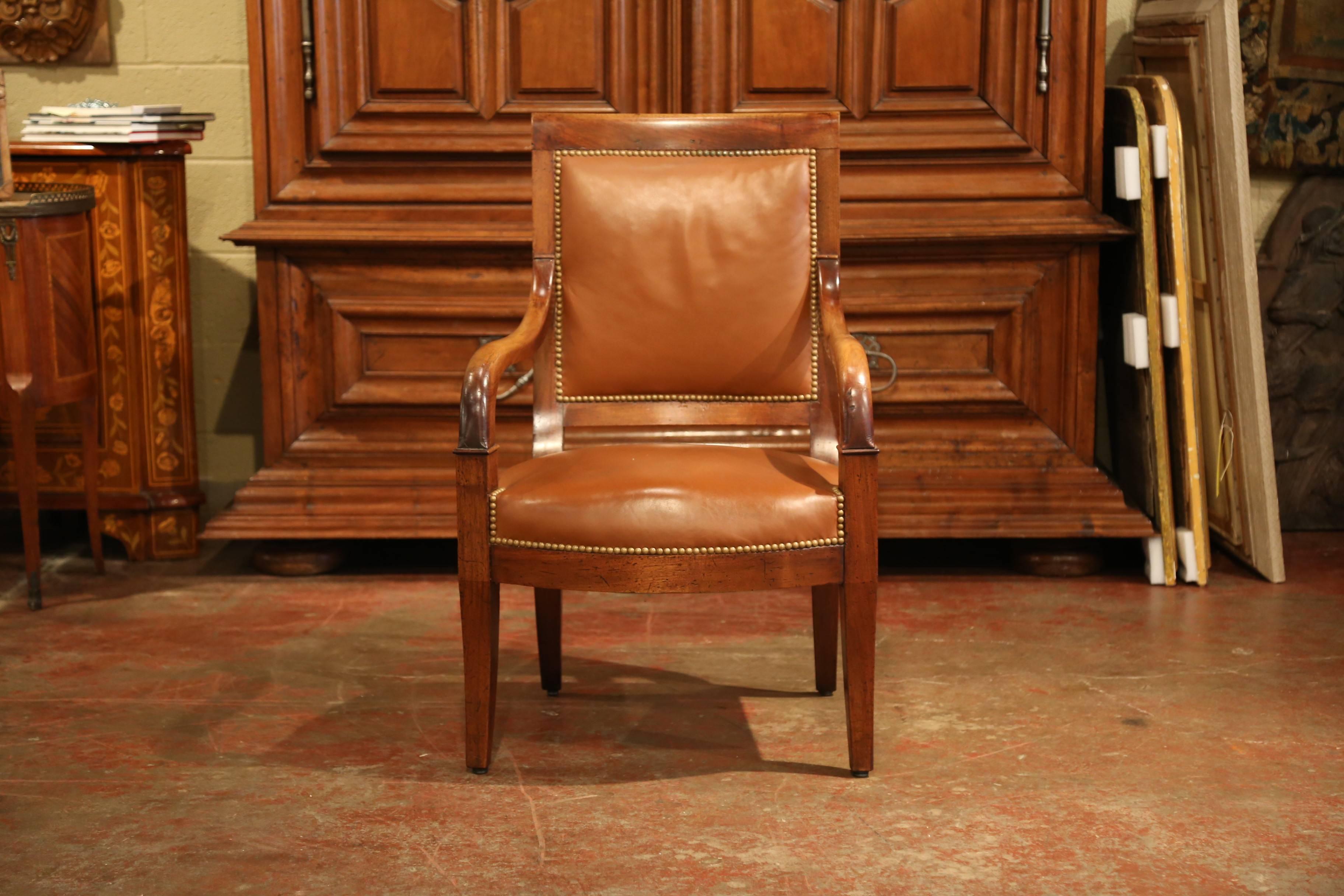 Hand-Carved 19th Century French Directoire Carved Walnut and Brown Leather Desk Armchair