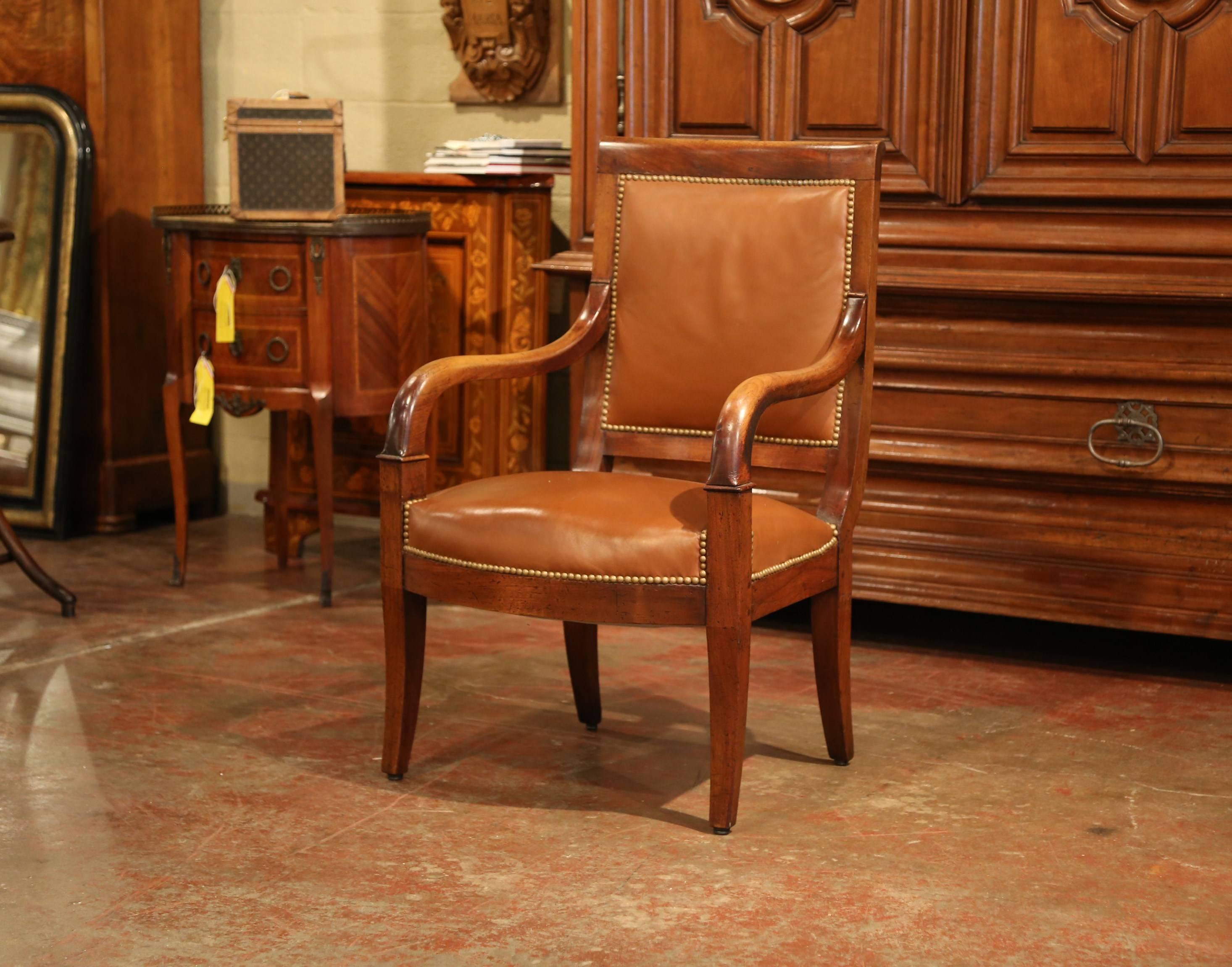 19th Century French Directoire Carved Walnut and Brown Leather Desk Armchair In Excellent Condition In Dallas, TX