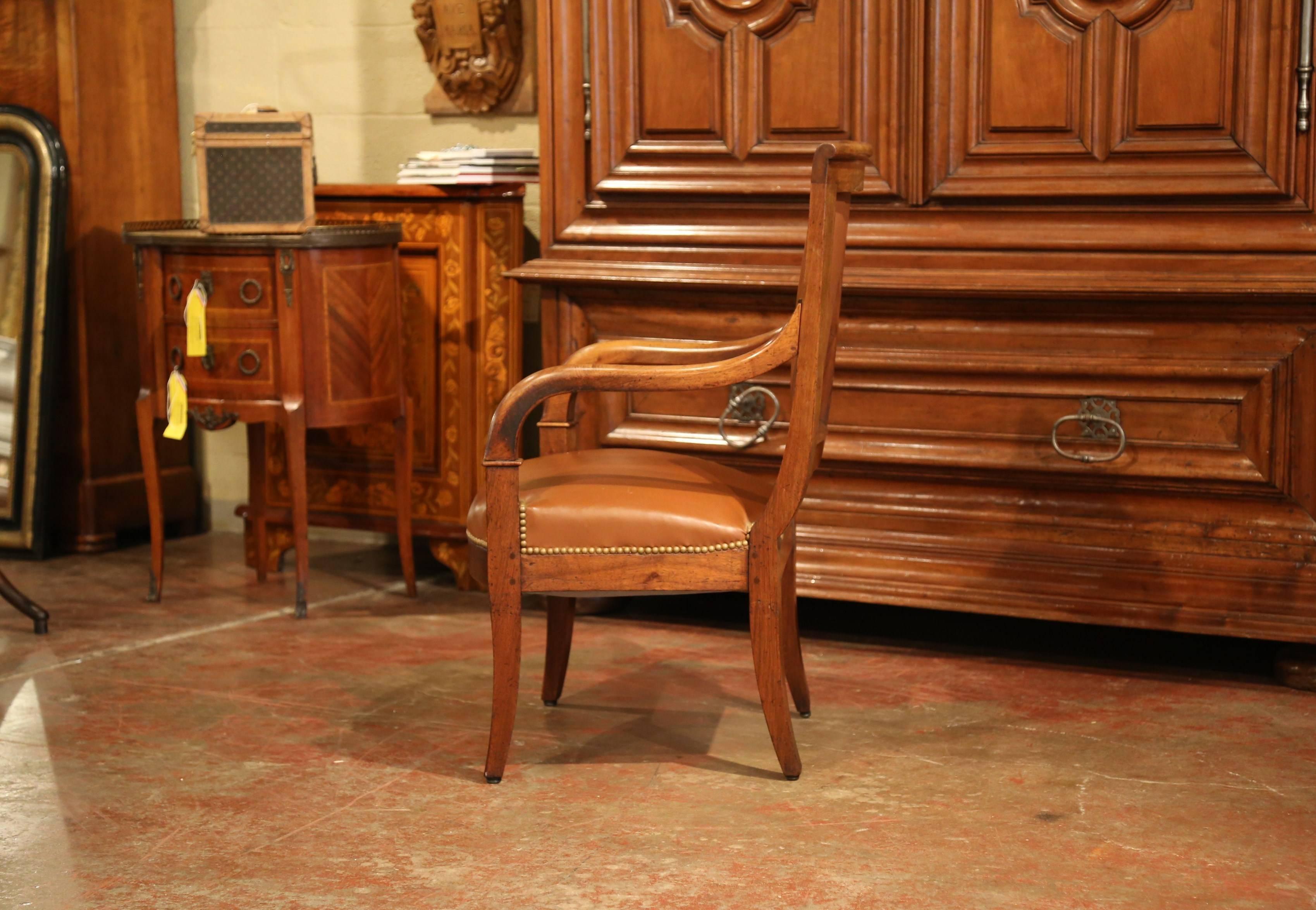 19th Century French Directoire Carved Walnut and Brown Leather Desk Armchair 2