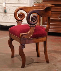 19th Century French Directoire Carved Walnut Desk Armchair with Velvet Seat