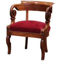 19th Century French Directoire Carved Walnut Desk Armchair with Velvet Seat