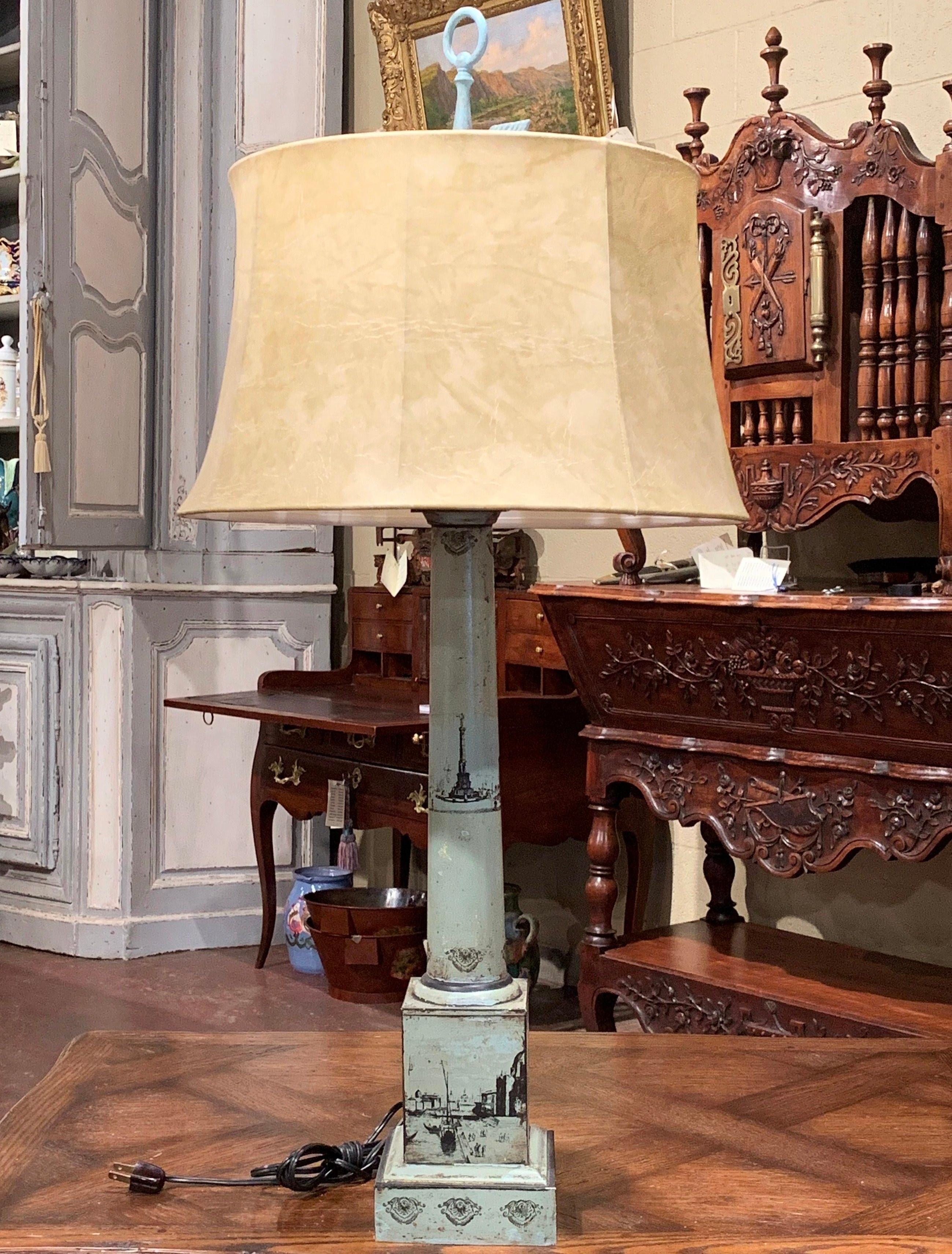19th Century French Directoire Hand Painted Green and White Tole Table Lamp In Excellent Condition In Dallas, TX