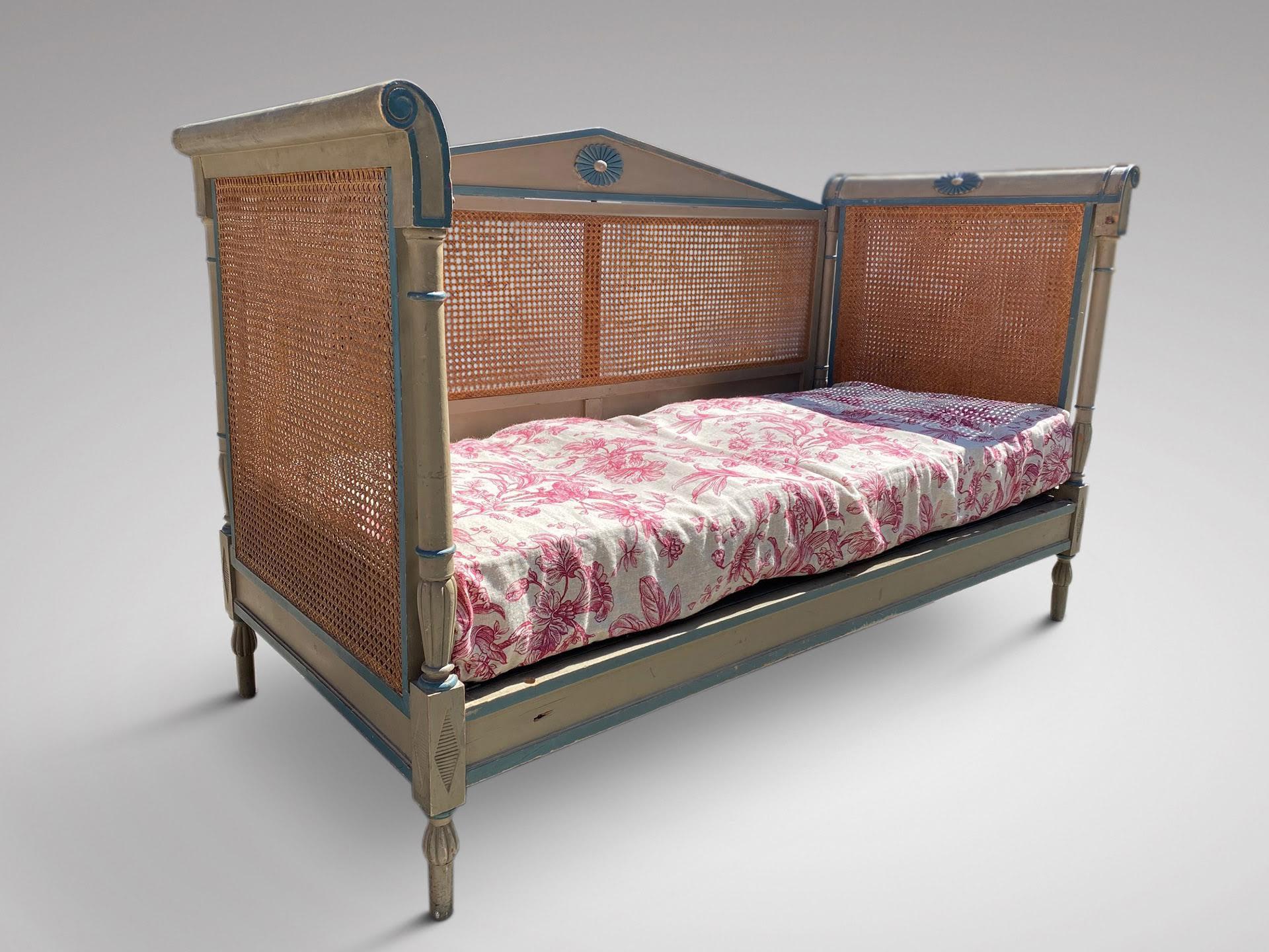 Hand-Painted 19th Century French Directoire Painted Wood and Cane Daybed Settee