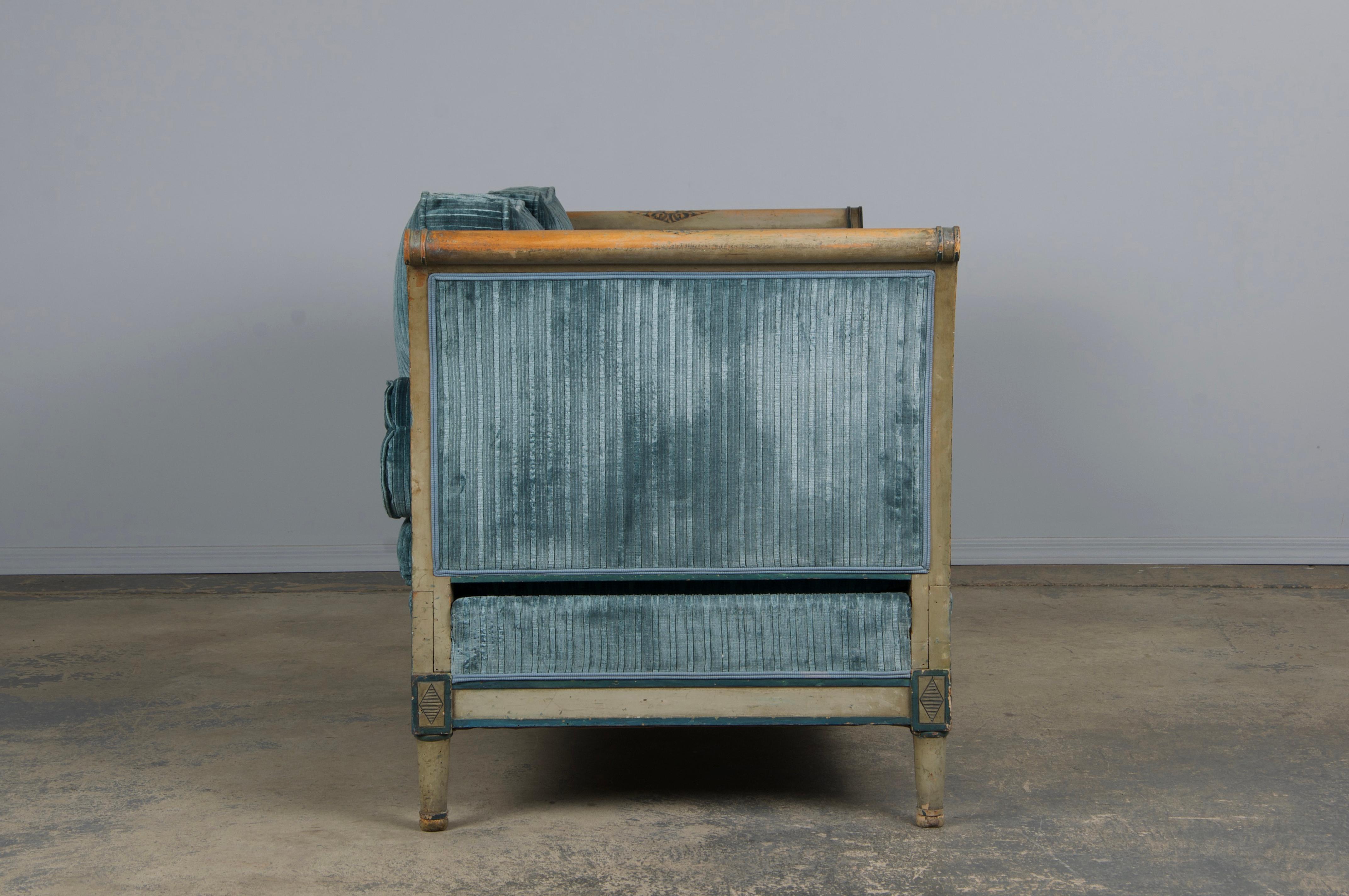 19th Century French Directoire Style Painted Daybed in Blue Velvet 6