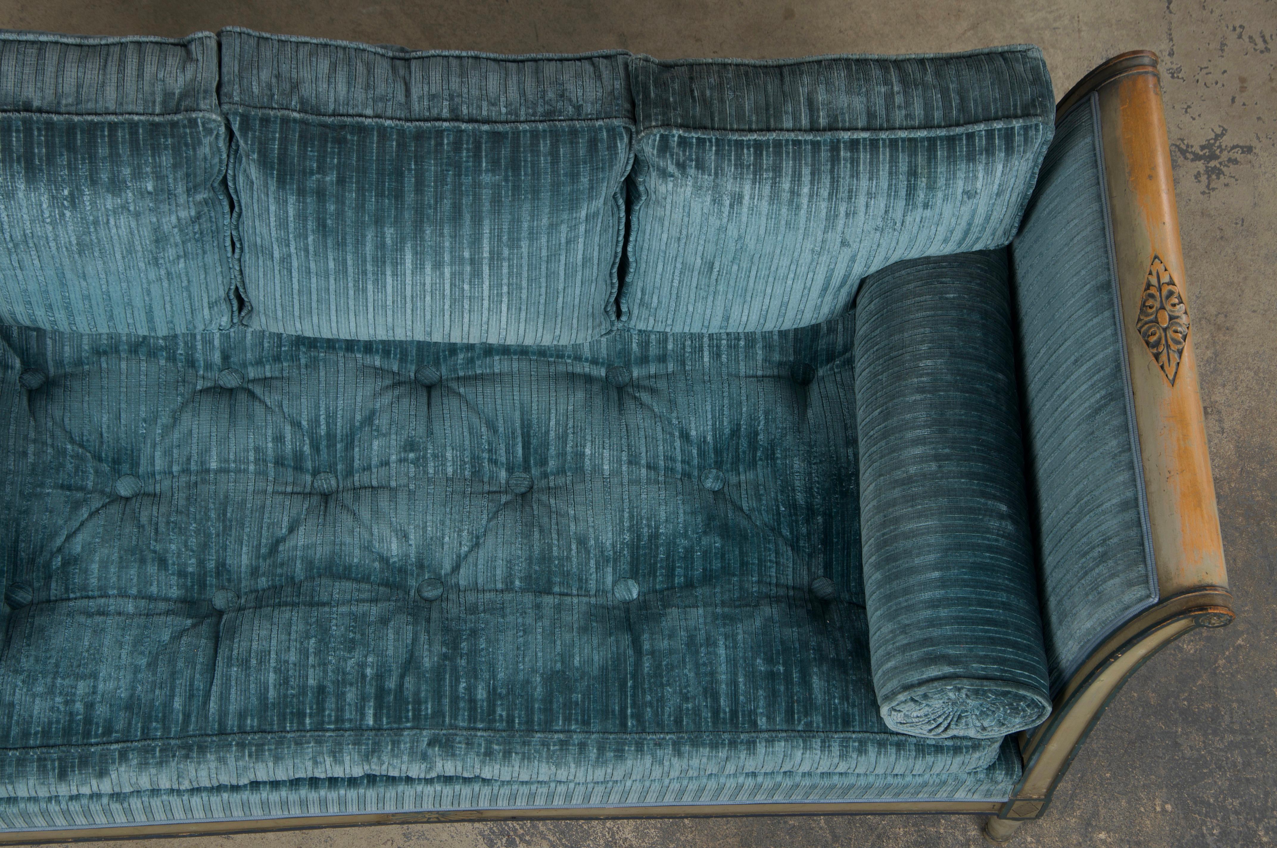 19th Century French Directoire Style Painted Daybed in Blue Velvet 8