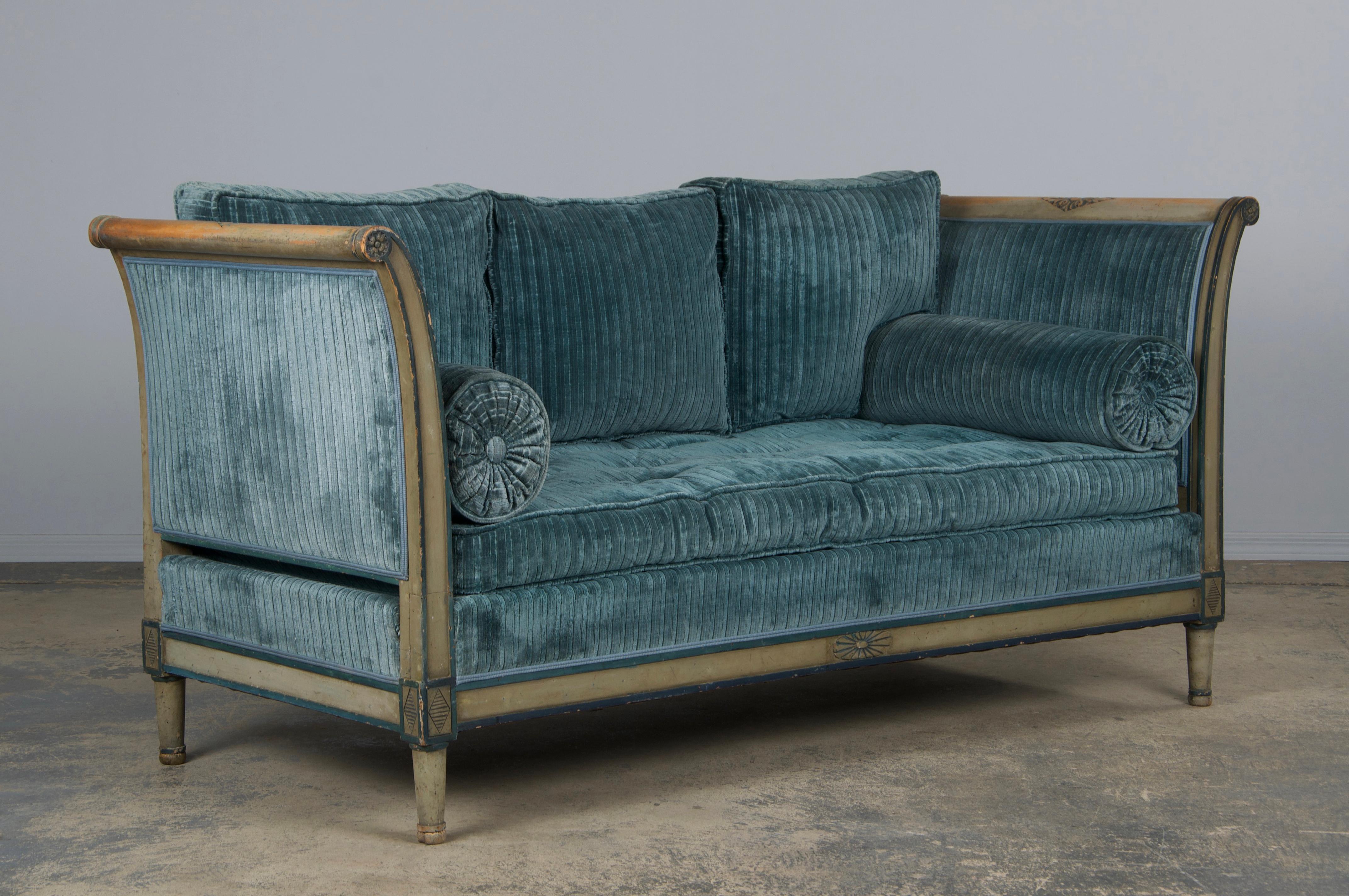 19th Century French Directoire Style Painted Daybed in Blue Velvet 9