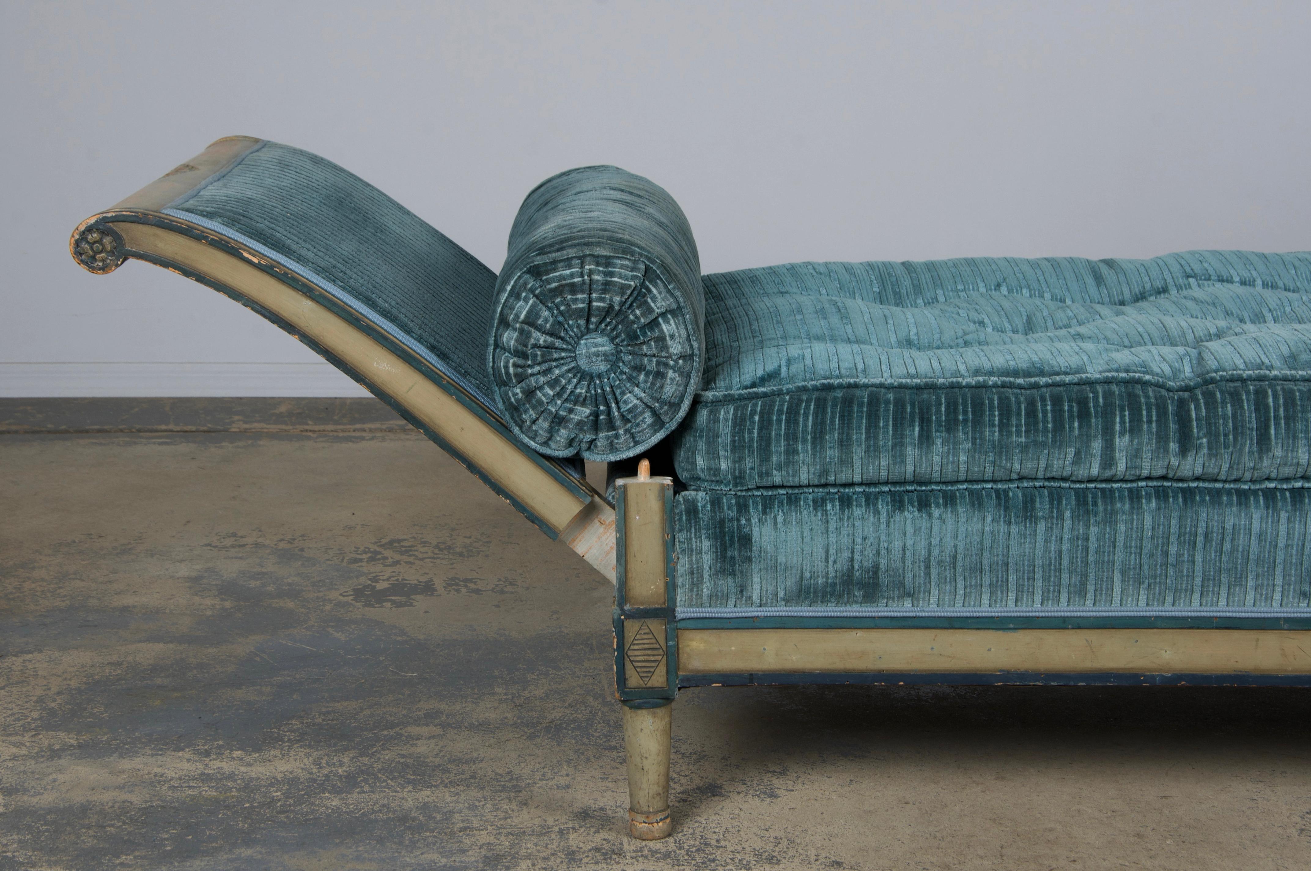 19th Century French Directoire Style Painted Daybed in Blue Velvet 11