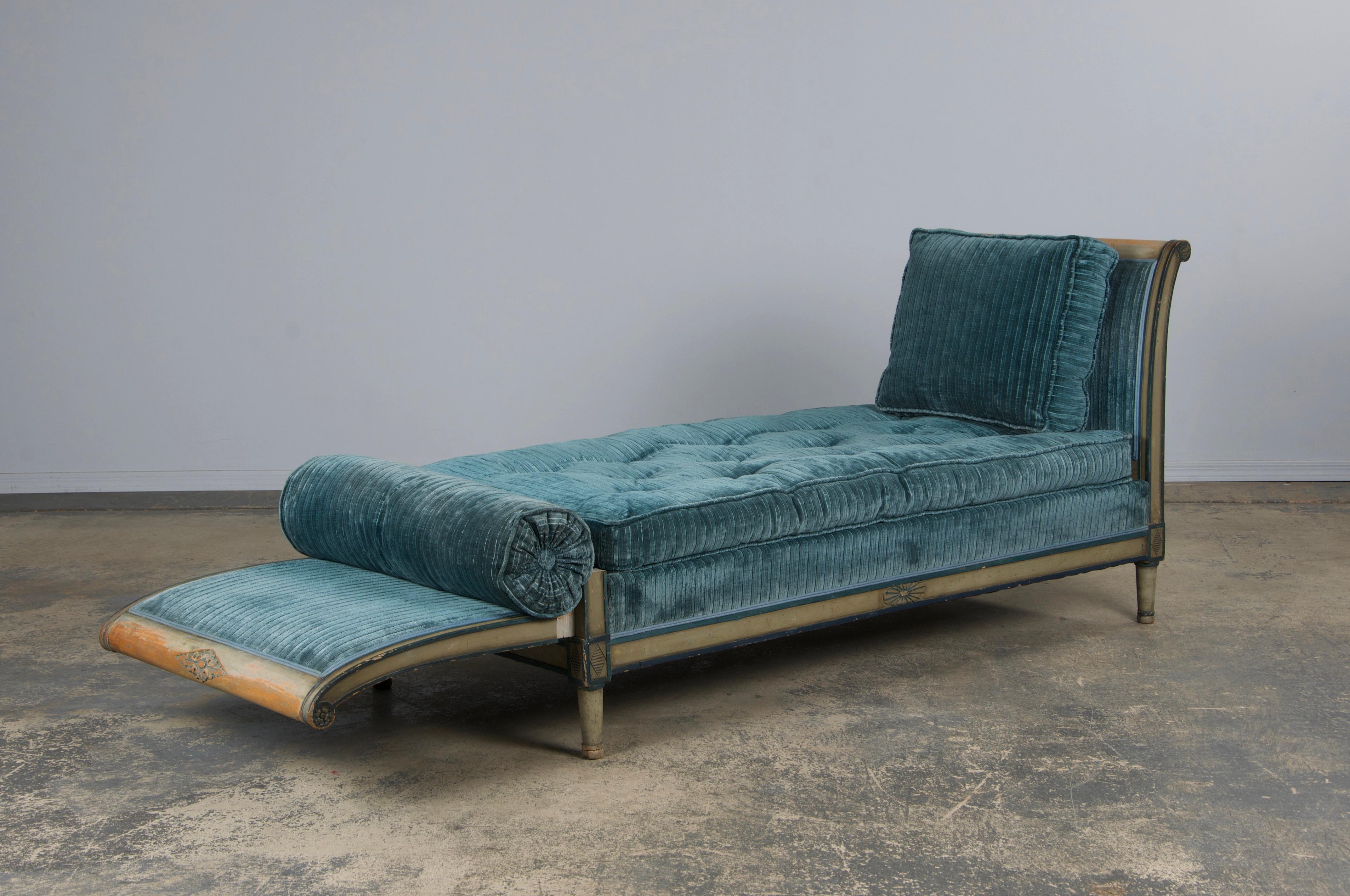 19th Century French Directoire Style Painted Daybed in Blue Velvet 12