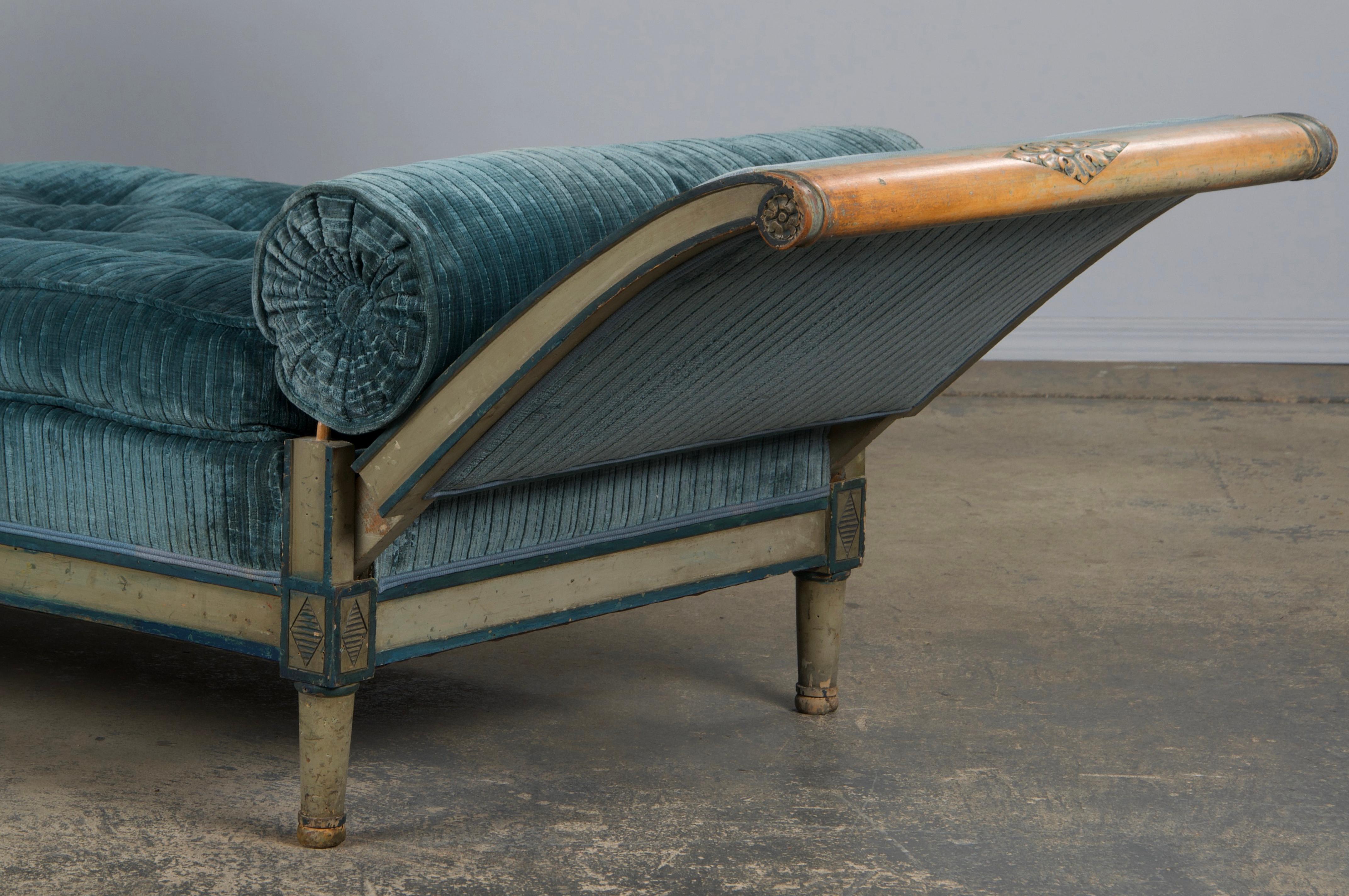 19th Century French Directoire Style Painted Daybed in Blue Velvet 14