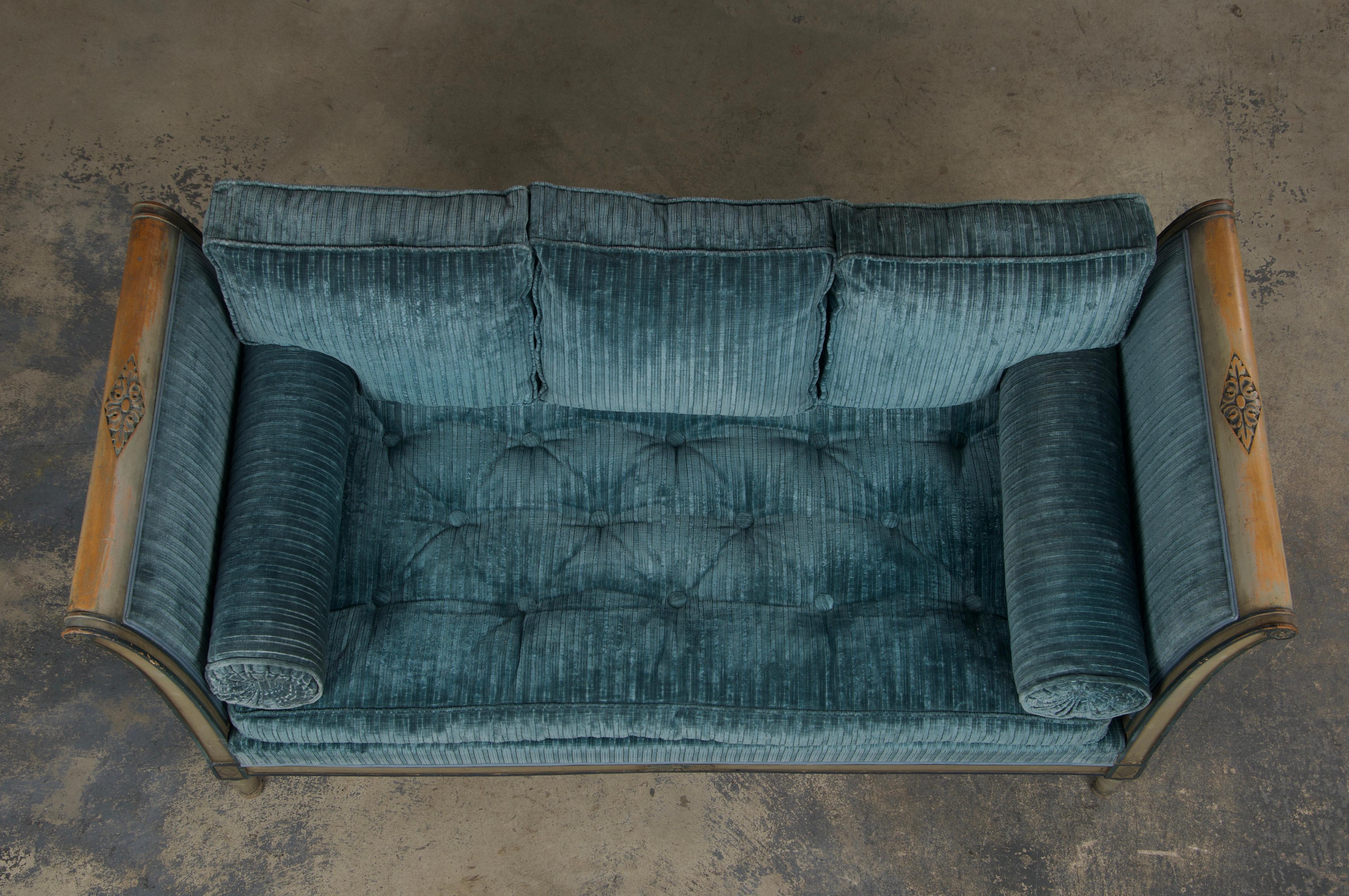 Hand-Painted 19th Century French Directoire Style Painted Daybed in Blue Velvet