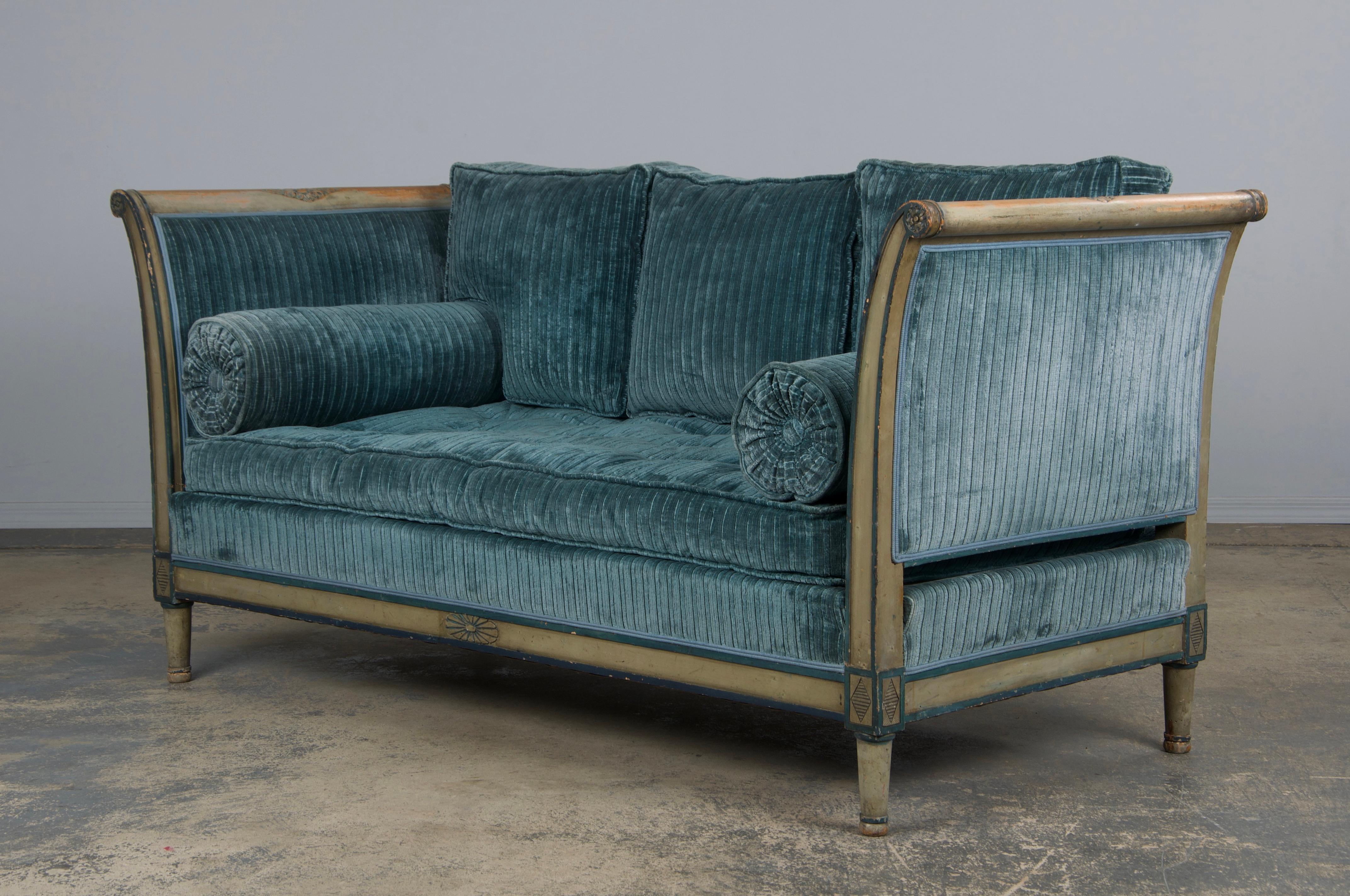 19th Century French Directoire Style Painted Daybed in Blue Velvet 1