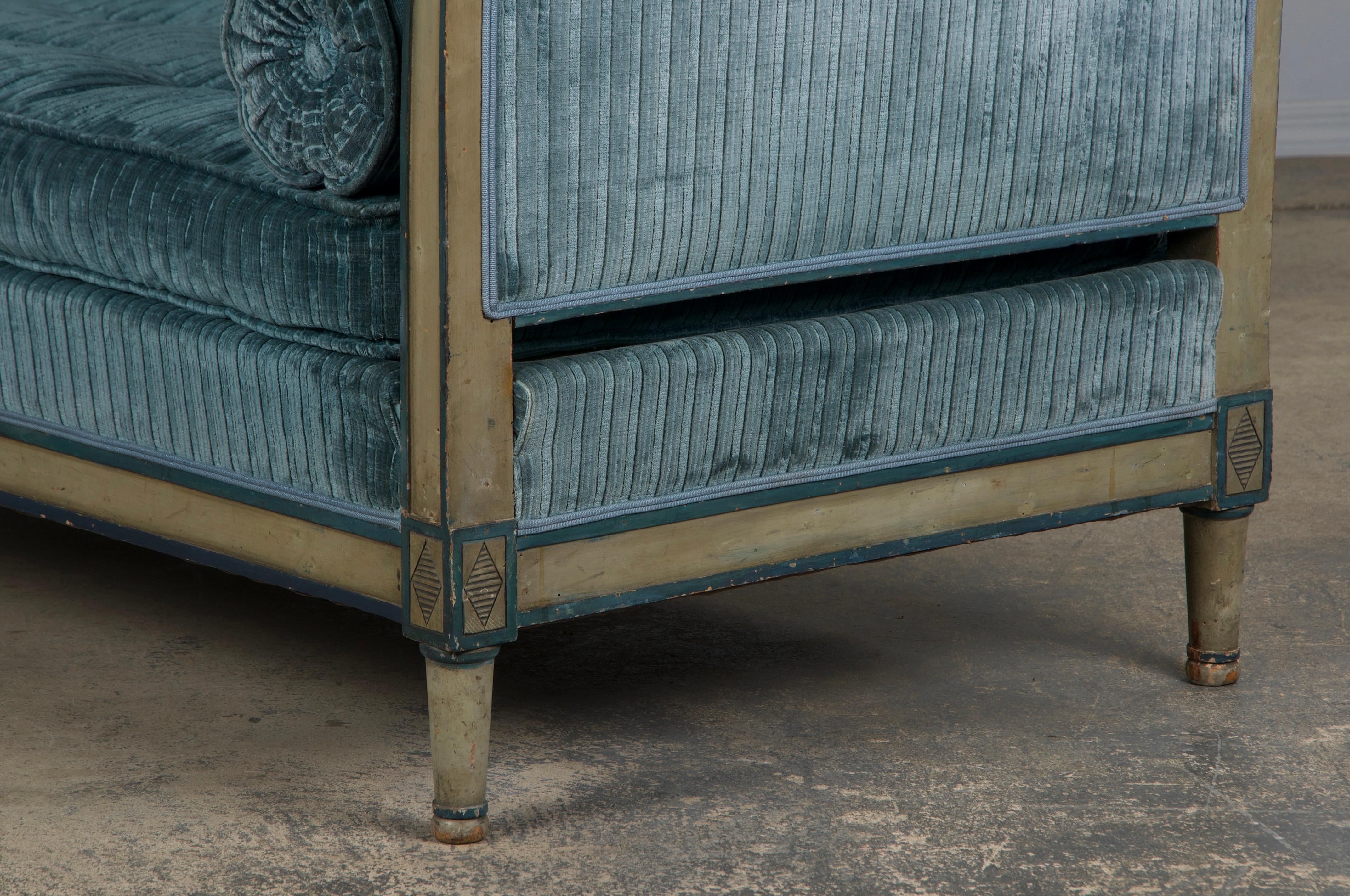 19th Century French Directoire Style Painted Daybed in Blue Velvet 2