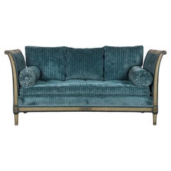 19th Century French Directoire Style Painted Daybed in Blue Velvet