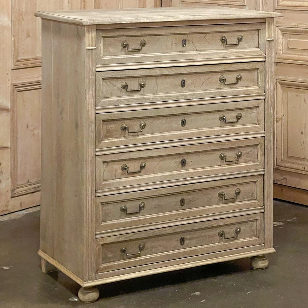 19th Century French Directoire Style Chiffoniere was crafted from solid sycamore, and features a lovely soft visual effect thanks to our proprietary stripping process. With six full width drawers, you can use it in a variety of places, to keep your